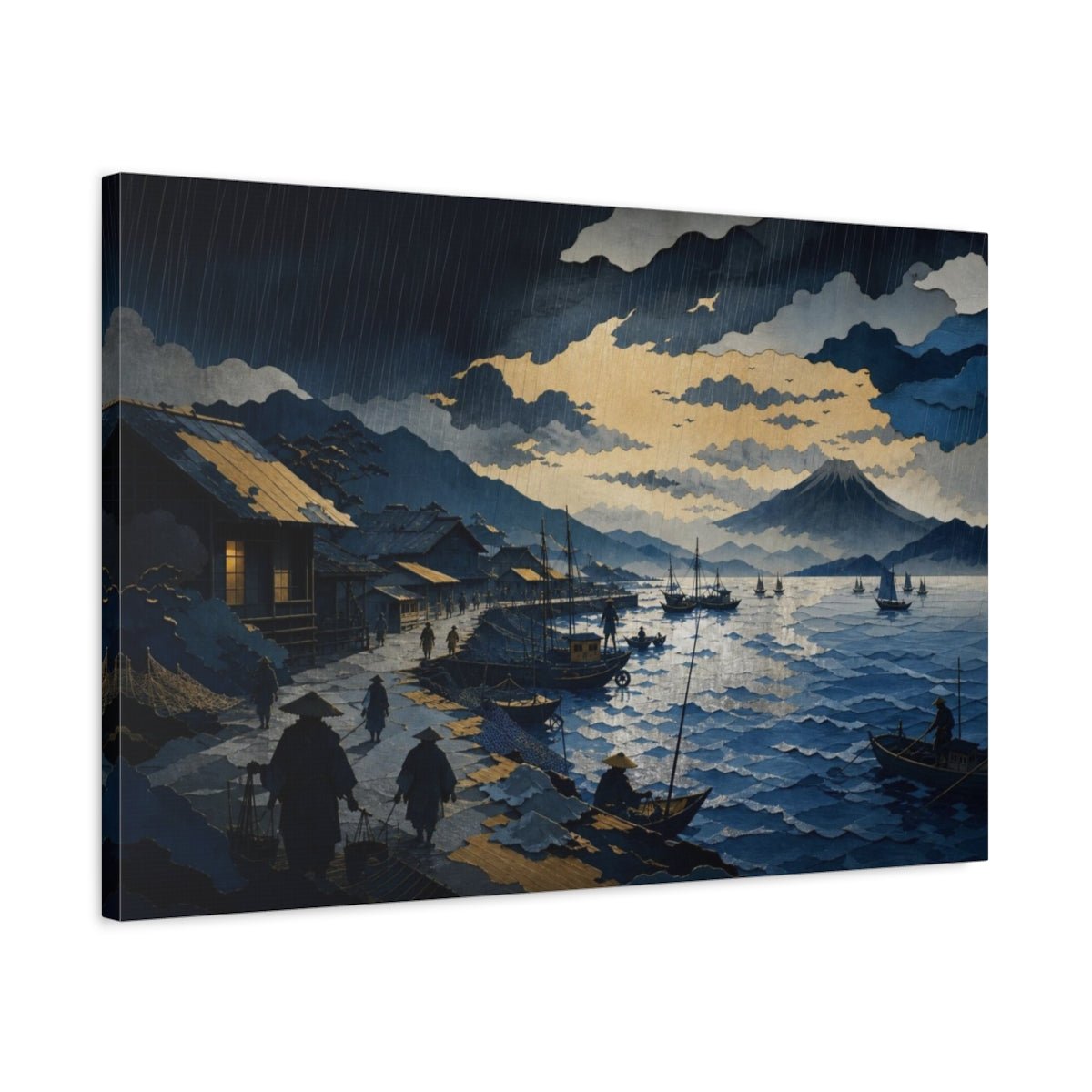 Rain Over Fishing Harbor Canvas Print – Living Room, Above Console Table, Blue And Gold - YesArtYes