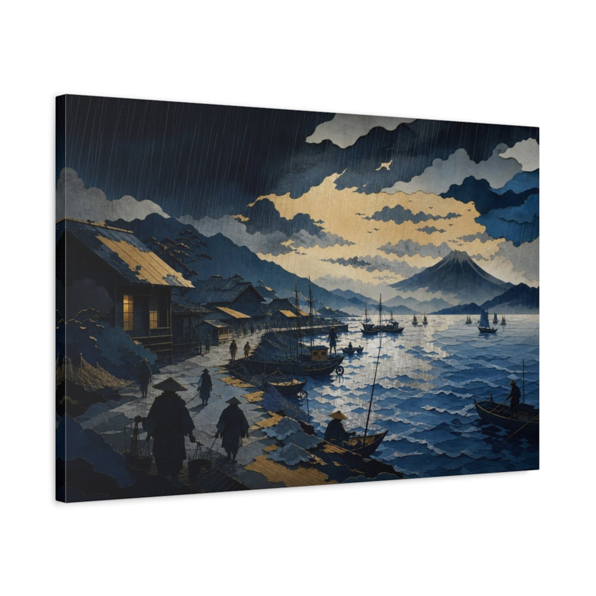 Side Mockup 2. Rain Over Fishing Harbor shown as canvas print