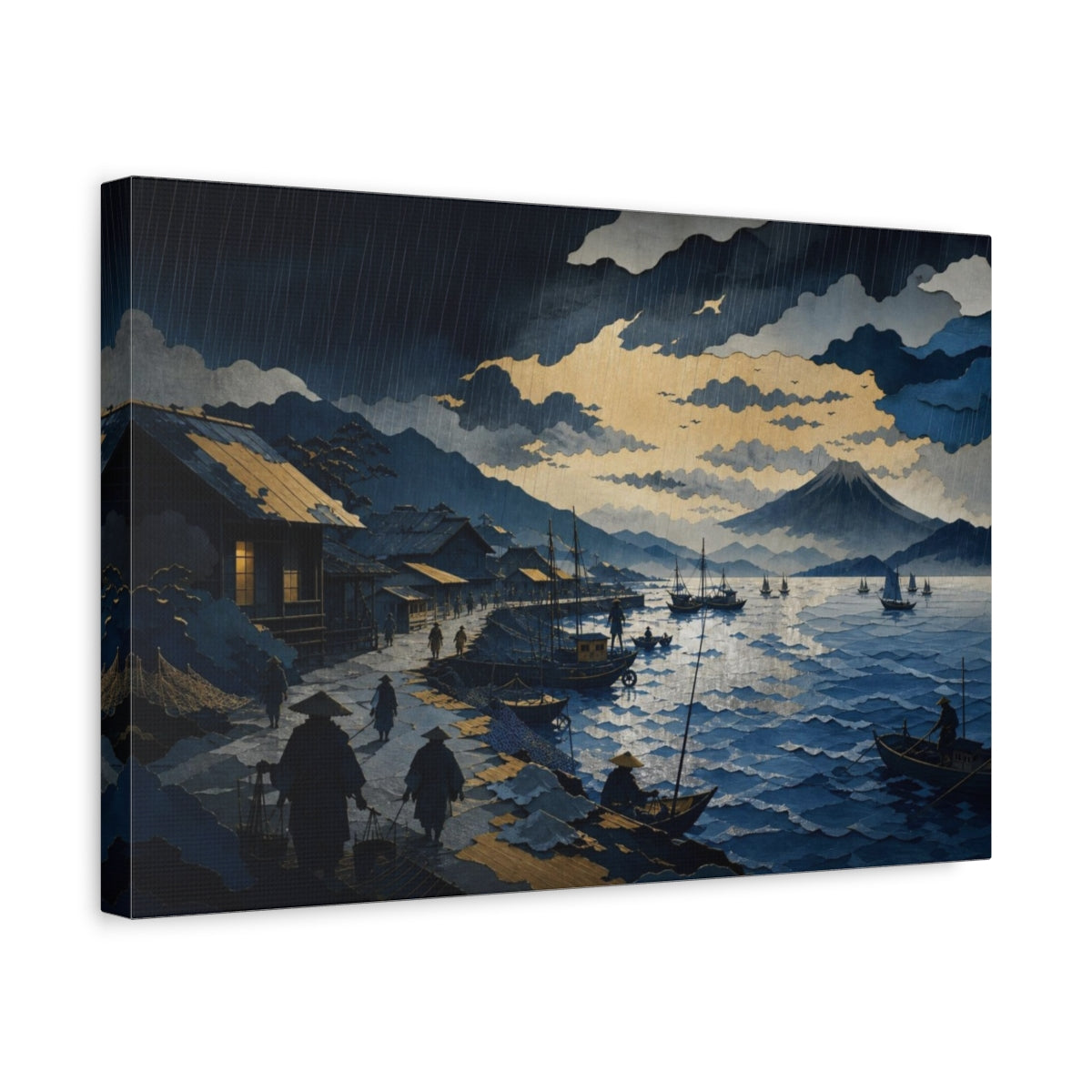 Side Mockup 4. Rain Over Fishing Harbor shown as canvas print