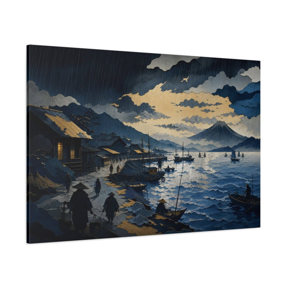 Side Mockup 1. Rain Over Fishing Harbor shown as canvas print