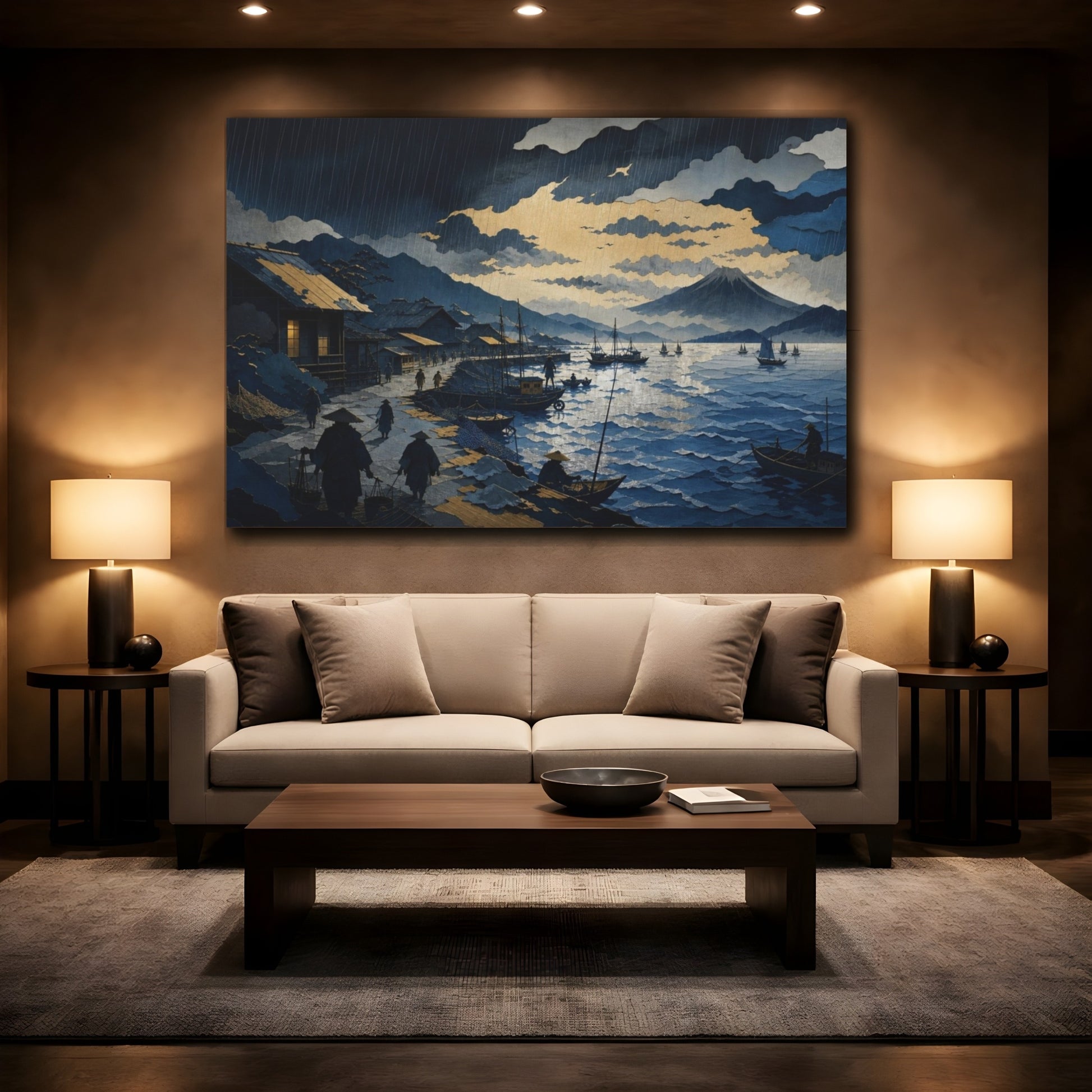 Mockup 2. Rain Over Fishing Harbor shown as canvas print