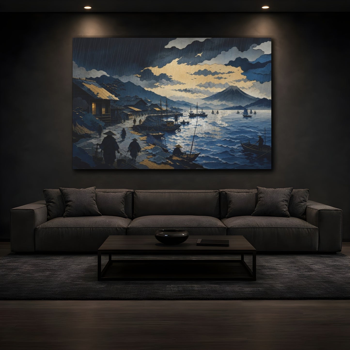 Mockup 3. Rain Over Fishing Harbor shown as canvas print