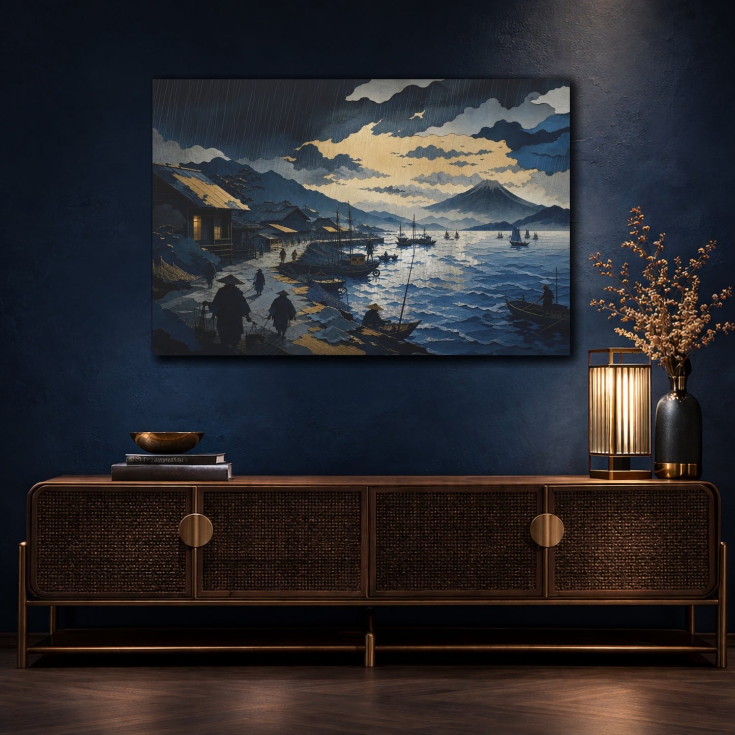 Mockup 4. Rain Over Fishing Harbor shown as canvas print