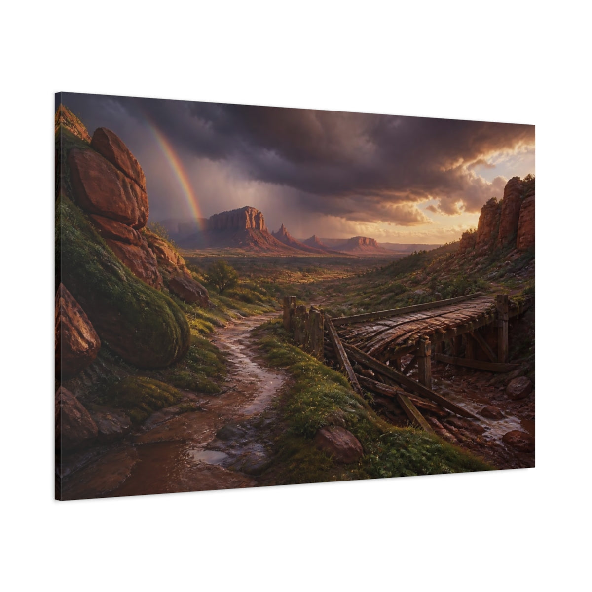 Side Mockup 1. Rainbow Over Desert Valley shown as canvas print