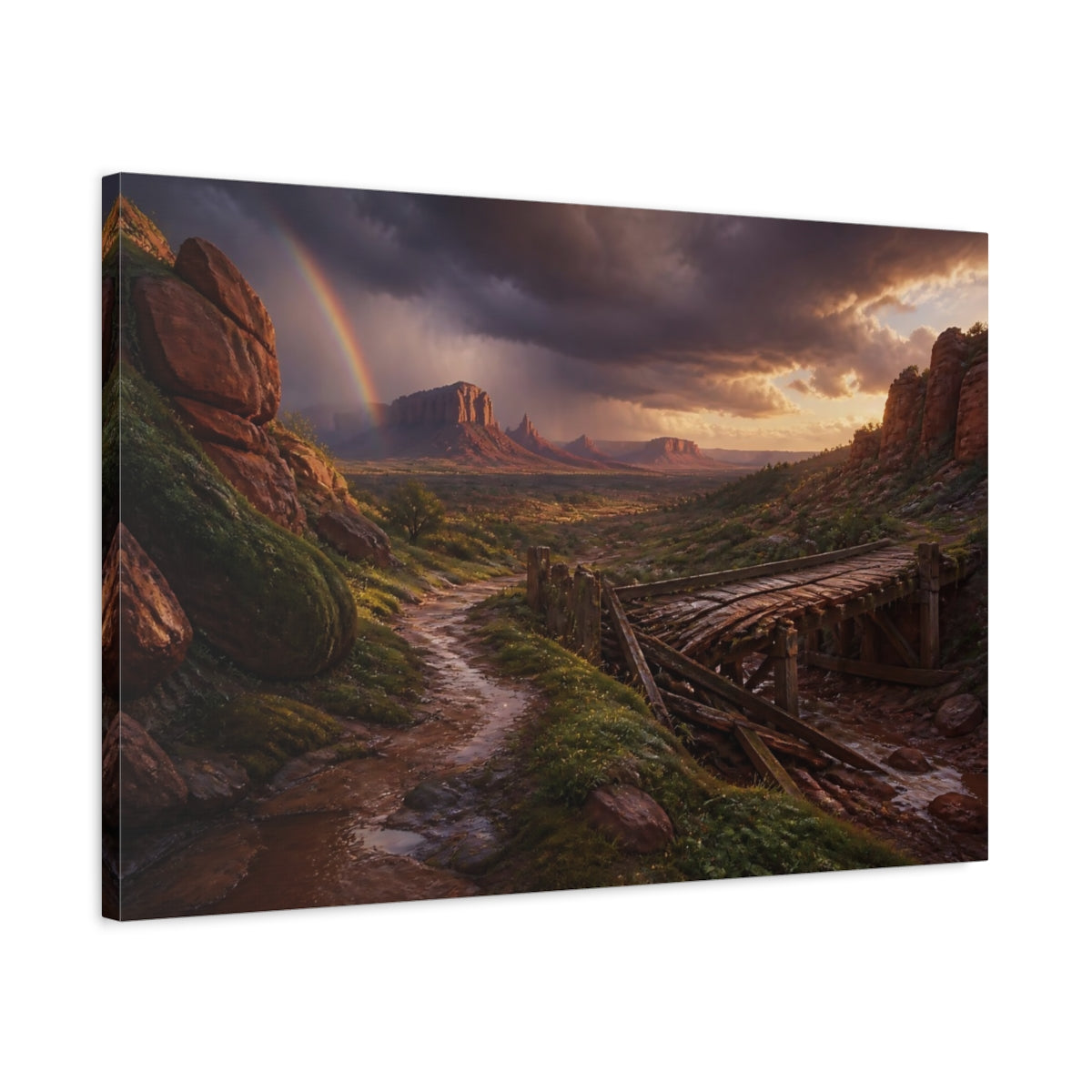 Side Mockup 2. Rainbow Over Desert Valley shown as canvas print