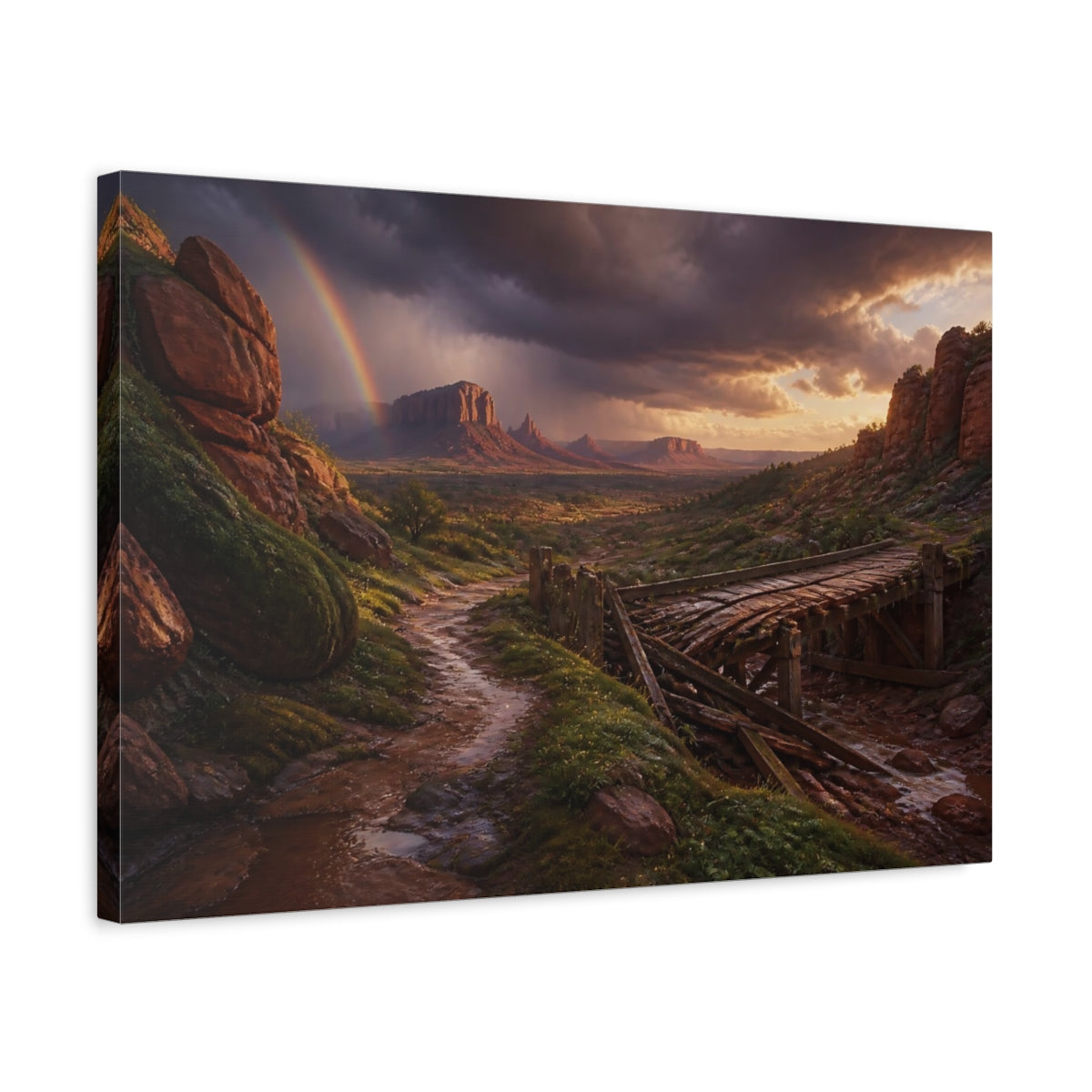 Side Mockup 3. Rainbow Over Desert Valley shown as canvas print