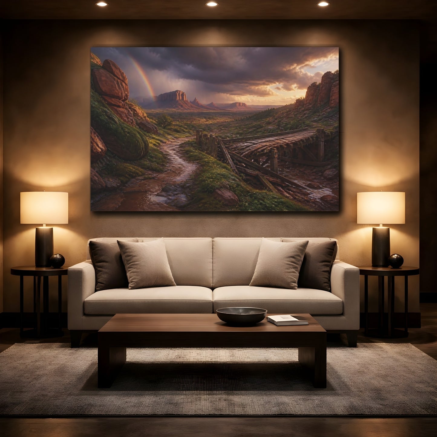 Mockup 2. Rainbow Over Desert Valley shown as canvas print