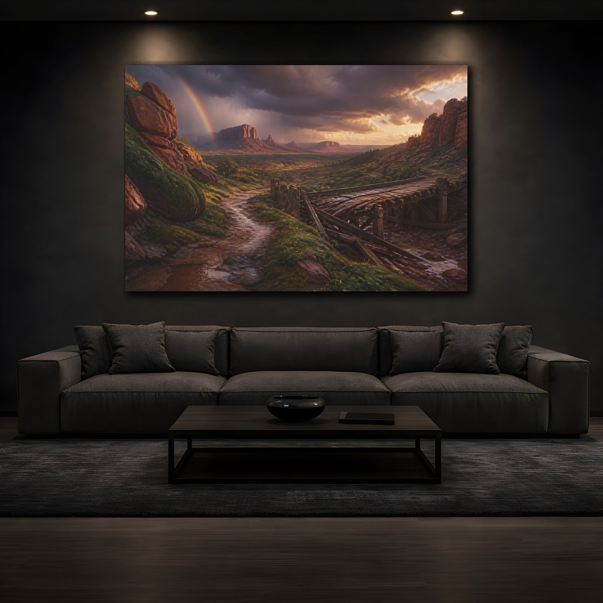 Mockup 3. Rainbow Over Desert Valley shown as canvas print