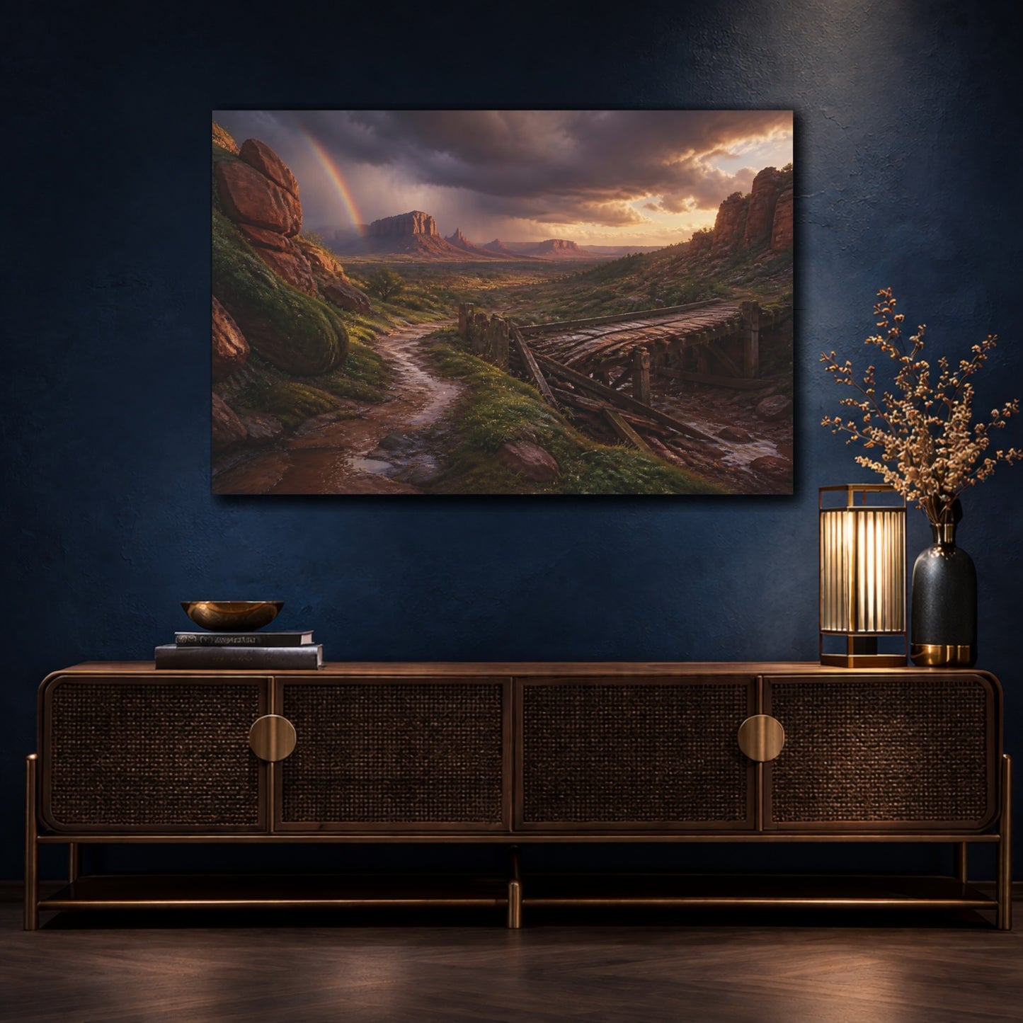 Mockup 4. Rainbow Over Red Rock Valley shown as canvas print