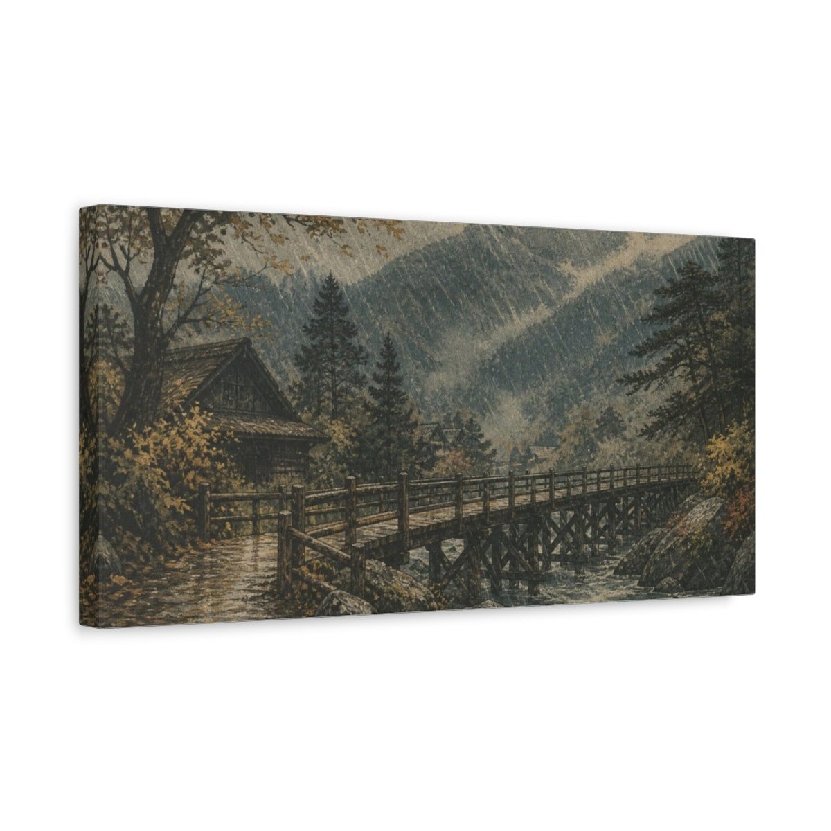 Side Mockup 3. Rainstorm Over Timber Bridge shown as canvas print