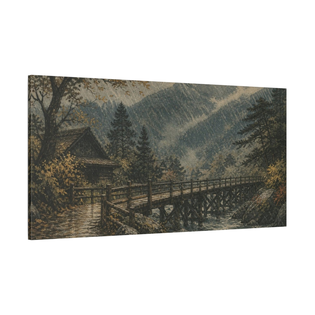 Side Mockup 2. Rainstorm Over Timber Bridge shown as canvas print