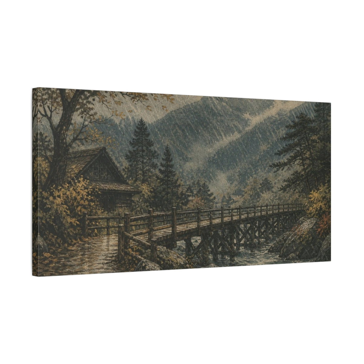 Side Mockup 1. Rainstorm Over Timber Bridge shown as canvas print