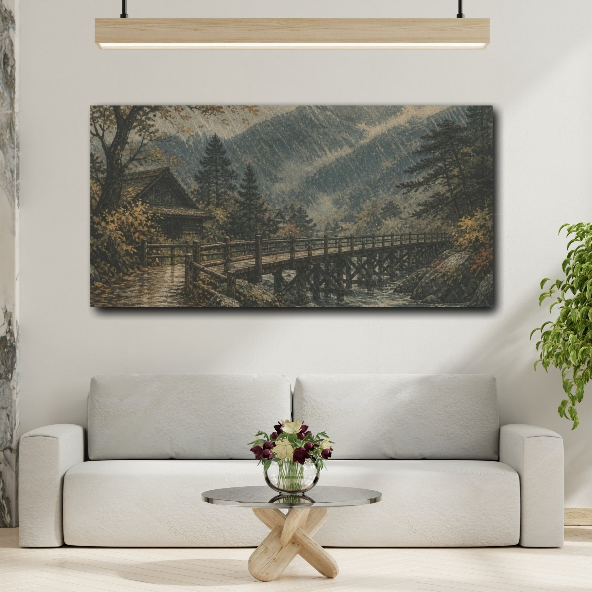 Mockup 2. Rainstorm Over Timber Bridge shown as canvas print