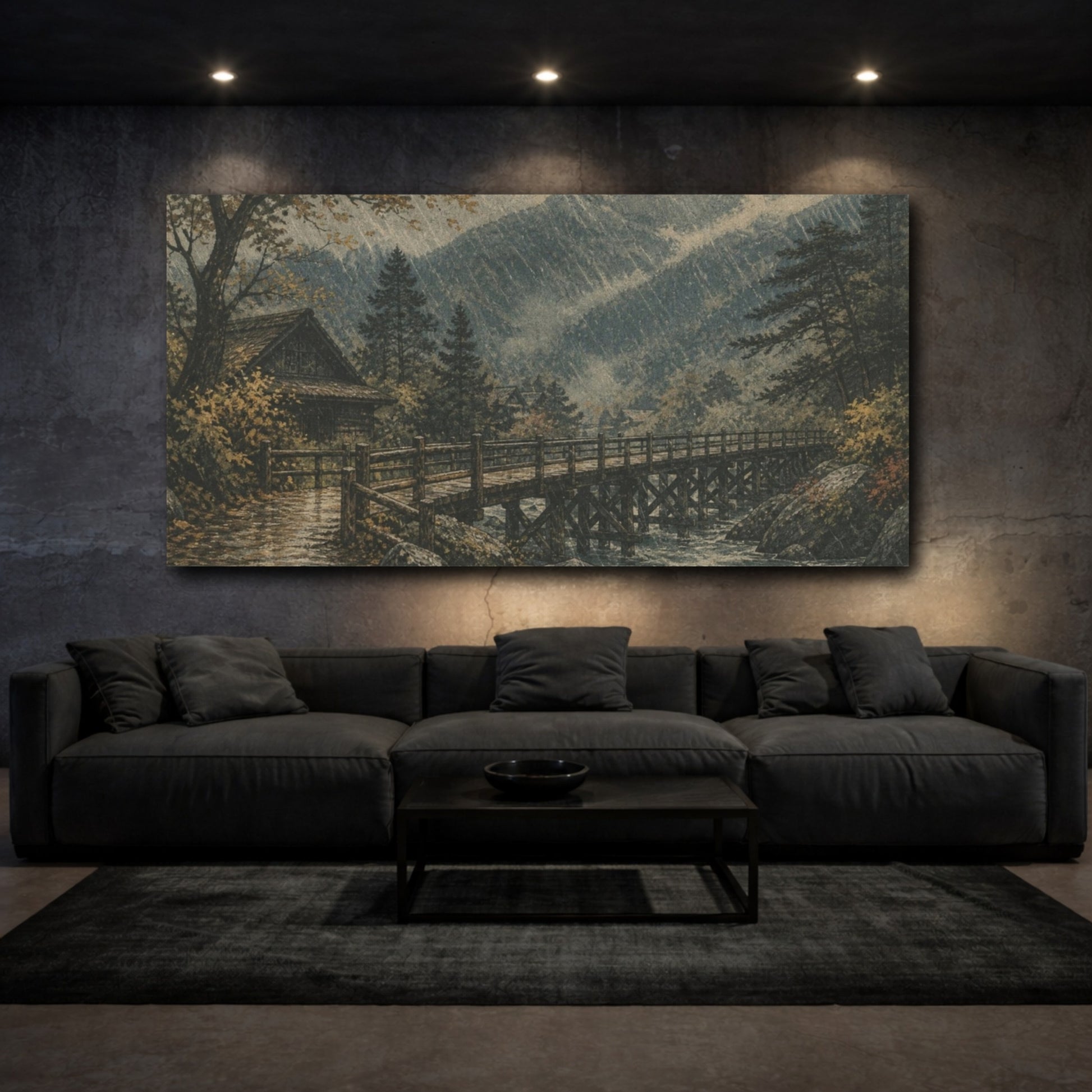 Mockup 3. Rainstorm Over Timber Bridge shown as canvas print