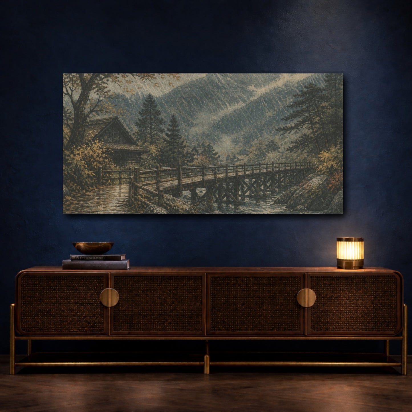 Mockup 4. Rainstorm Over Timber Bridge shown as canvas print