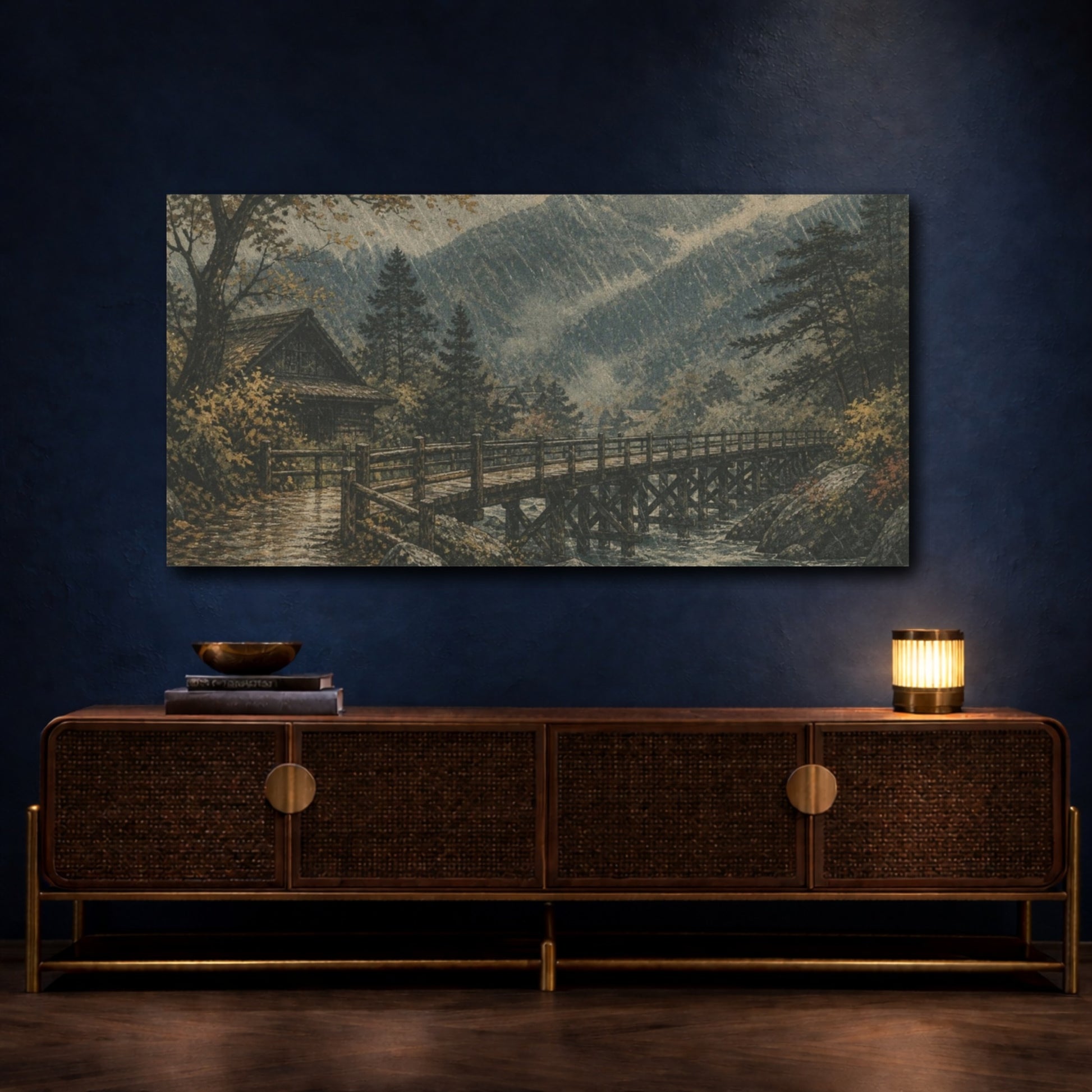Mockup 4. Rainstorm Over Timber Bridge shown as canvas print