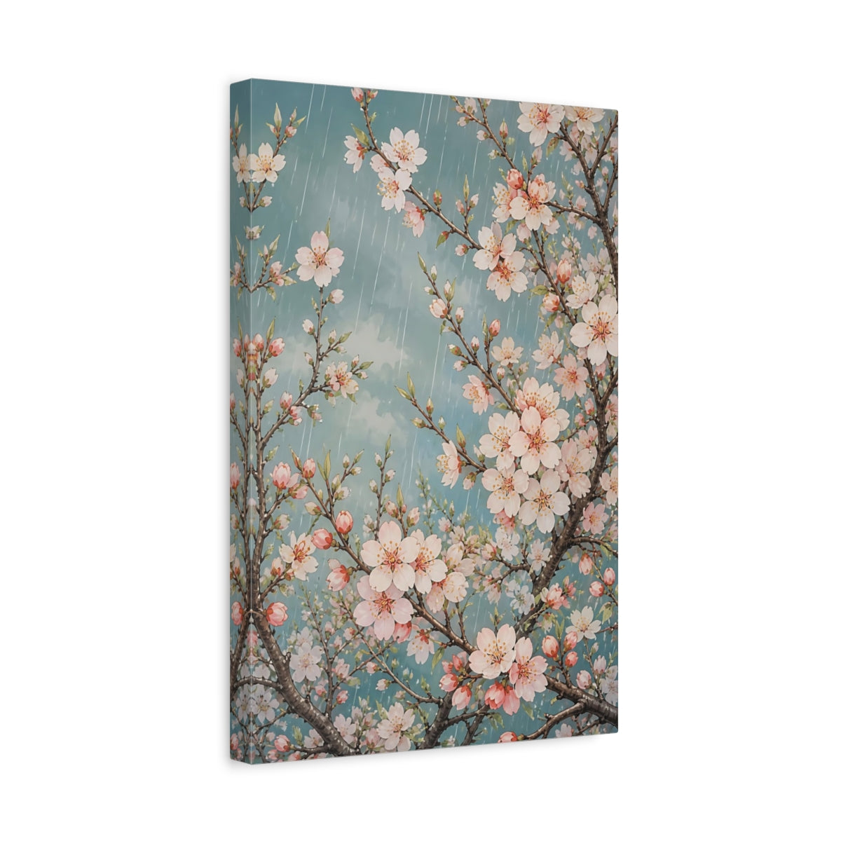 Side Mockup 4. Rainy Almond Blossoms shown as canvas print