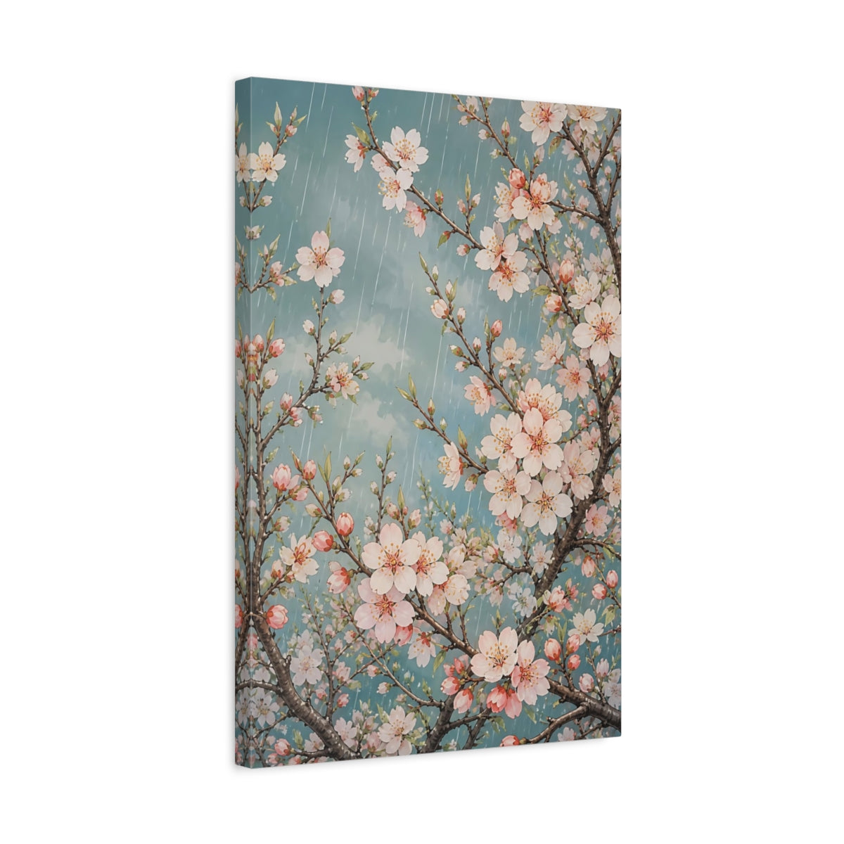 Side Mockup 3. Rainy Almond Blossoms shown as canvas print