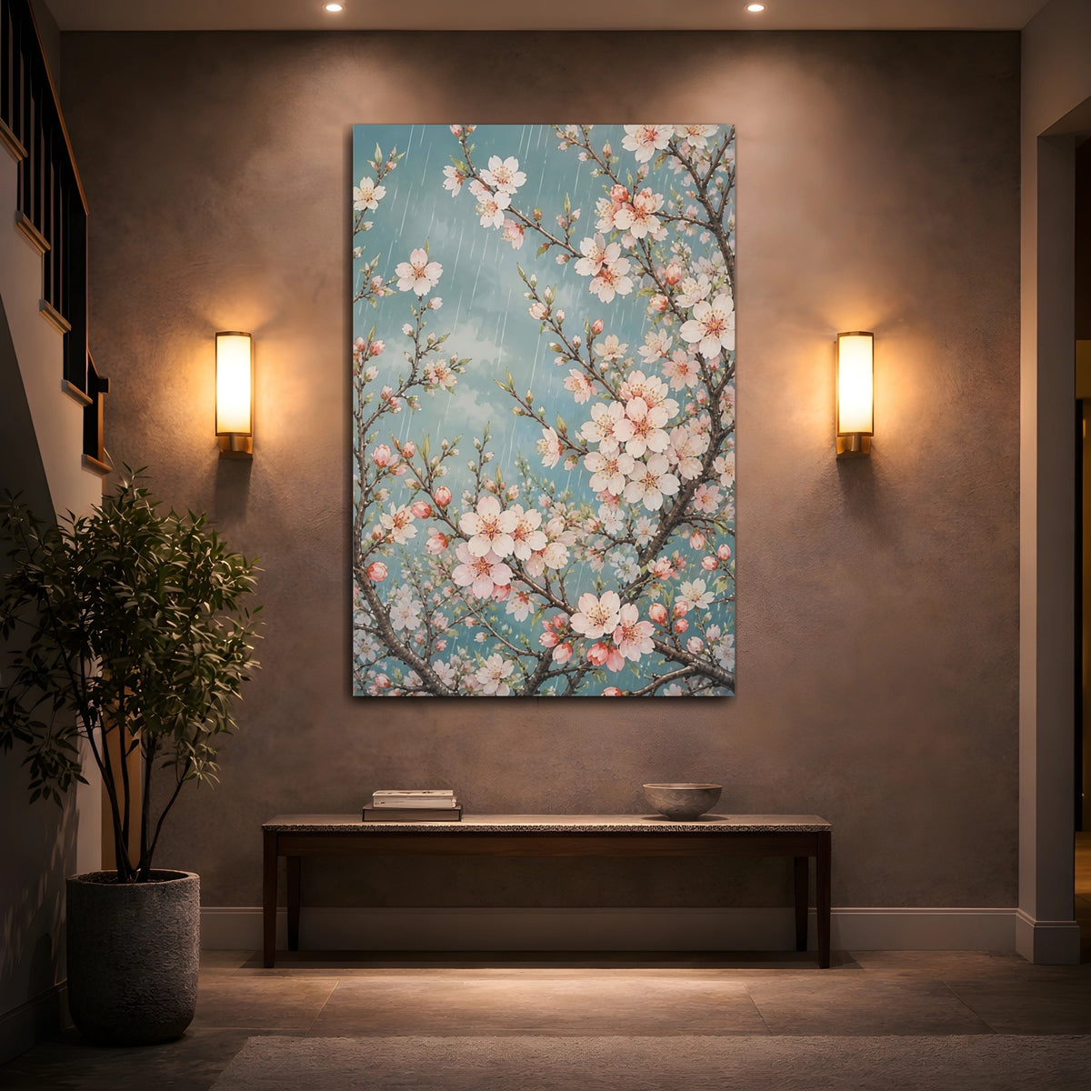 Mockup 2. Rainy Almond Blossoms shown as canvas print
