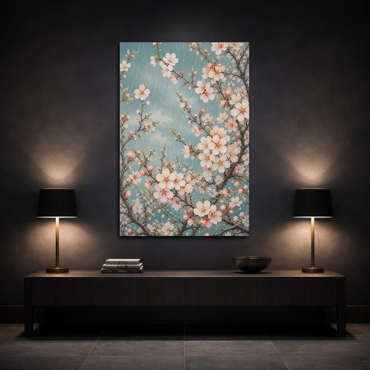Mockup 3. Rainy Almond Blossoms shown as canvas print