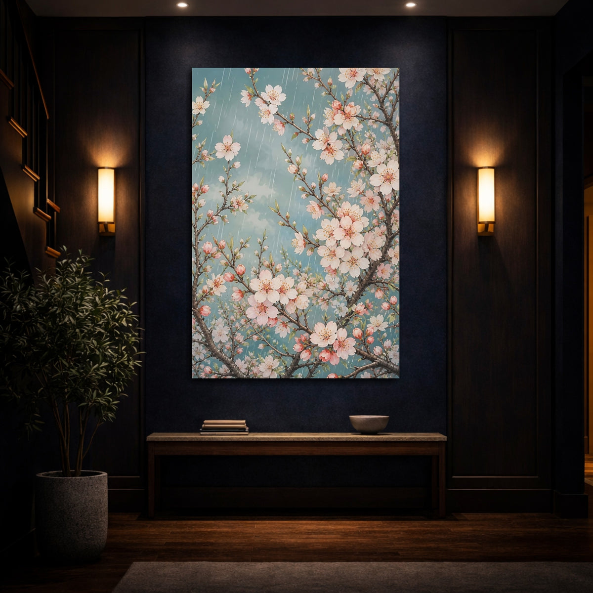 Mockup 4. Rainy Almond Blossoms shown as canvas print
