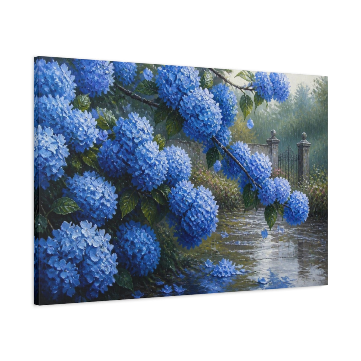 Main Mockup. Rainy Blue Hydrangeas shown as canvas print