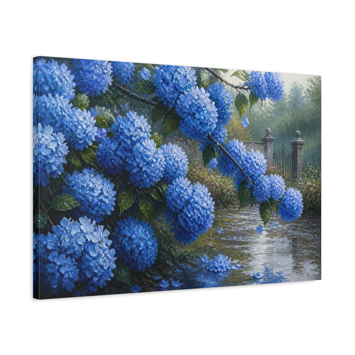 Side Mockup 2. Rainy Blue Hydrangeas shown as canvas print