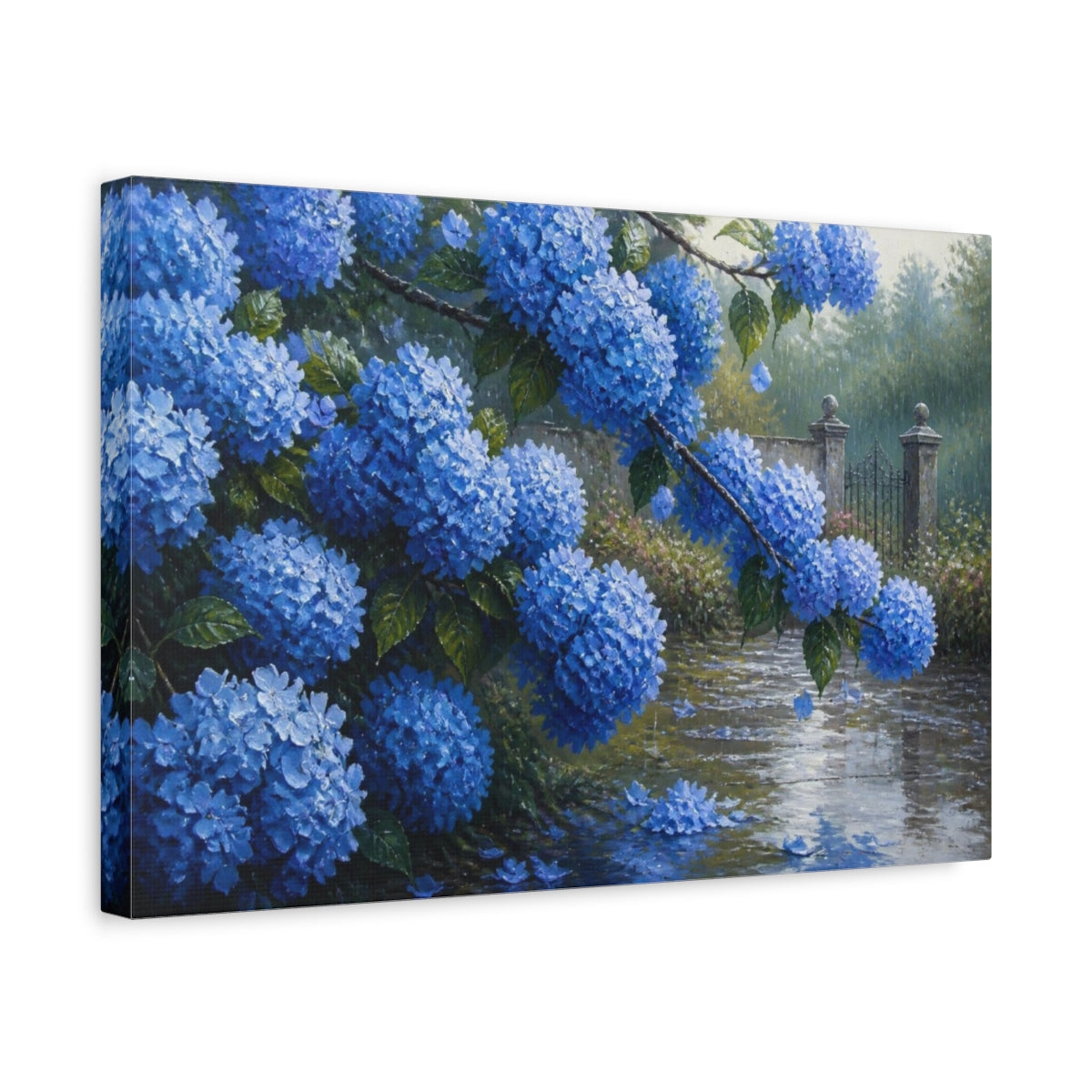 Side Mockup 4. Rainy Blue Hydrangeas shown as canvas print