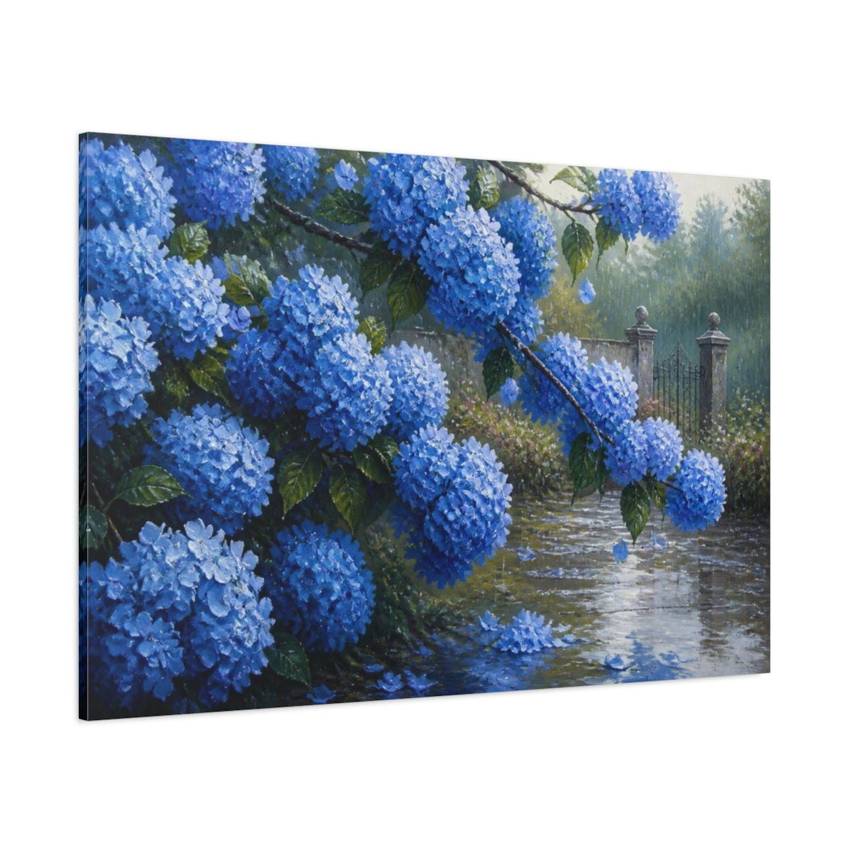 Side Mockup 1. Rainy Blue Hydrangeas shown as canvas print