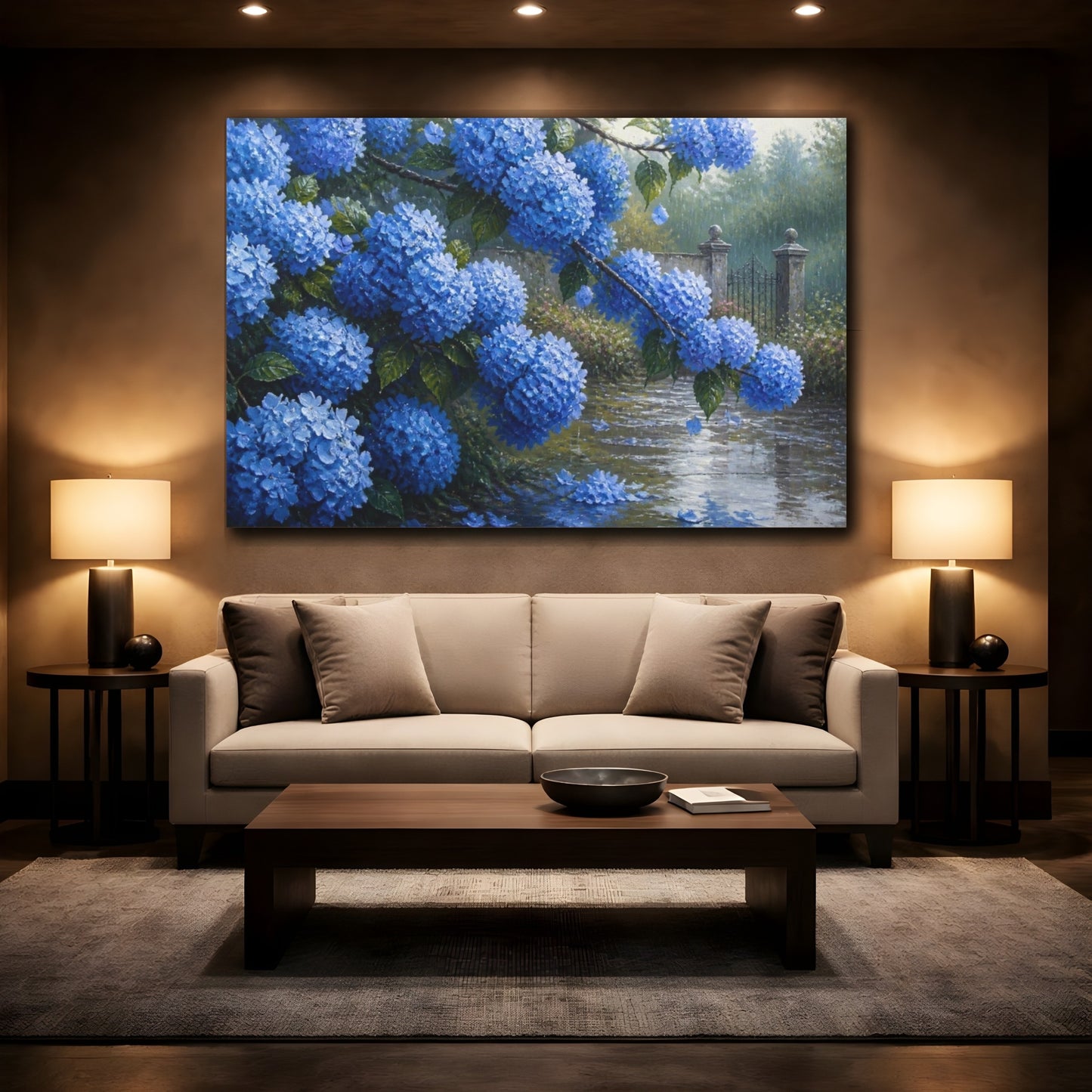 Mockup 2. Rainy Blue Hydrangeas shown as canvas print
