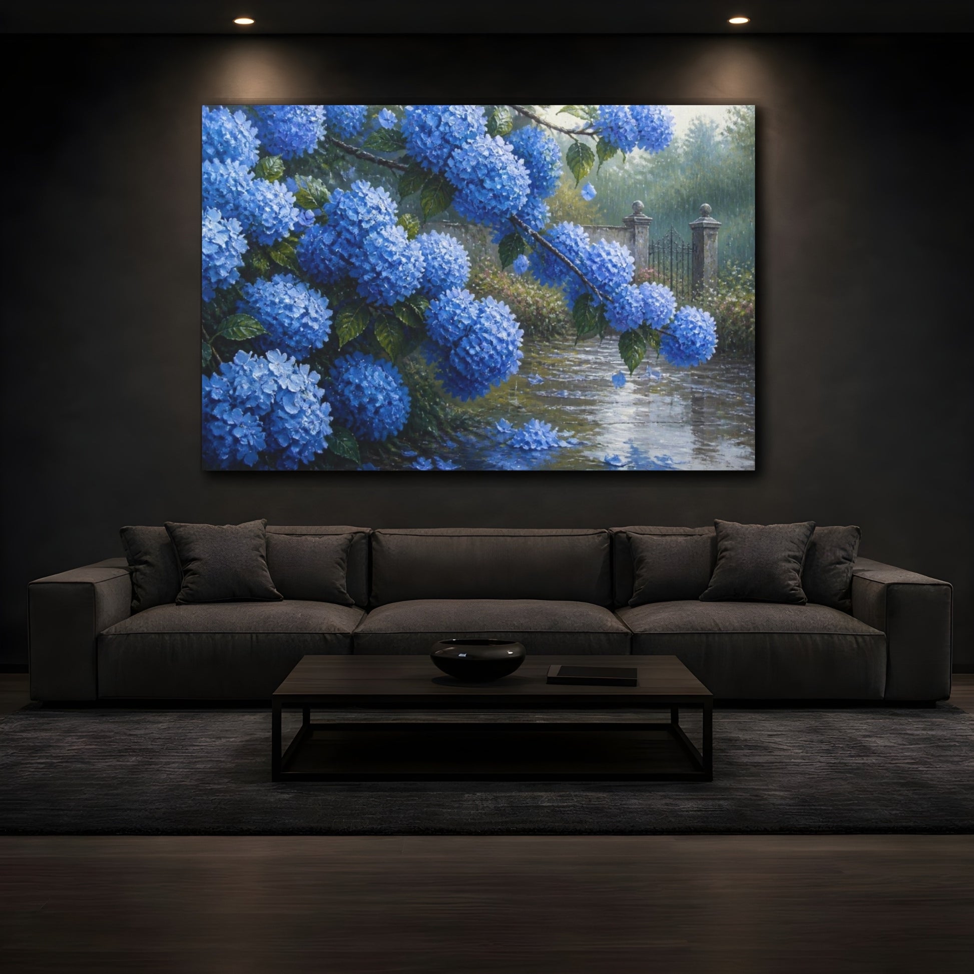 Mockup 3. Rainy Blue Hydrangeas shown as canvas print