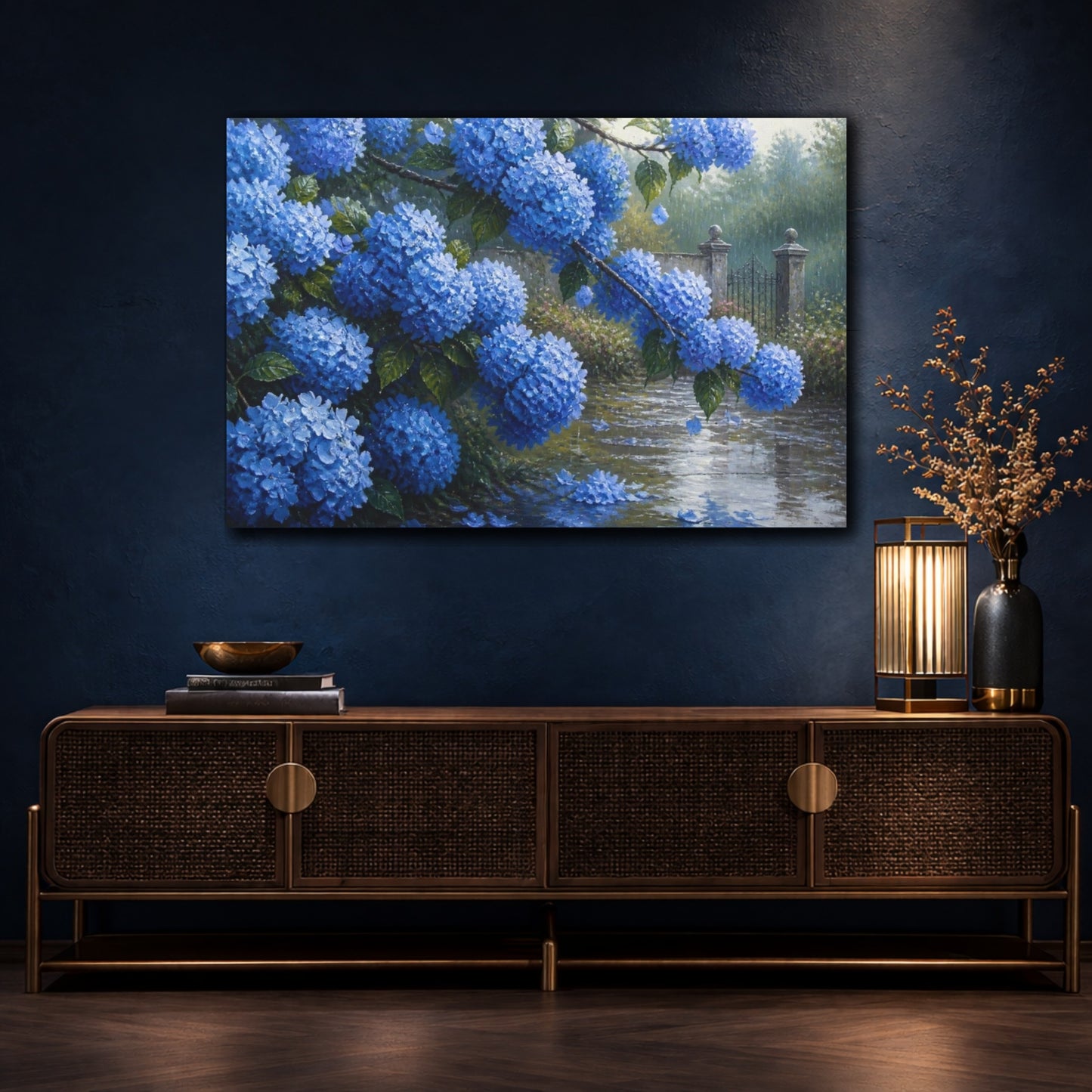 Mockup 4. Rainy Blue Hydrangeas shown as canvas print