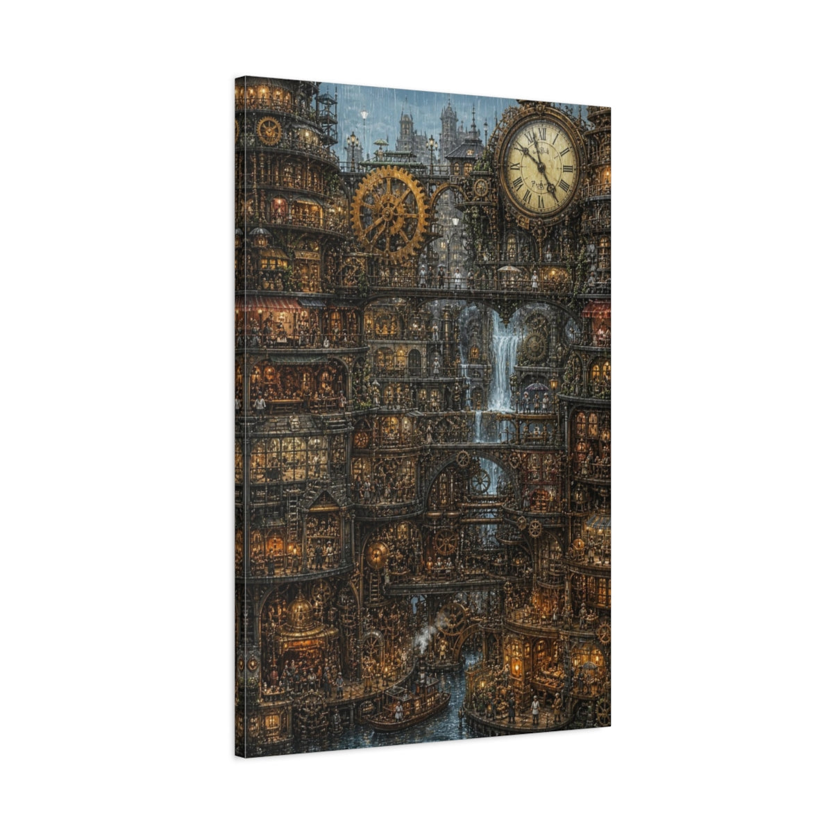 Main Mockup. Rainy Clockwork City shown as canvas print