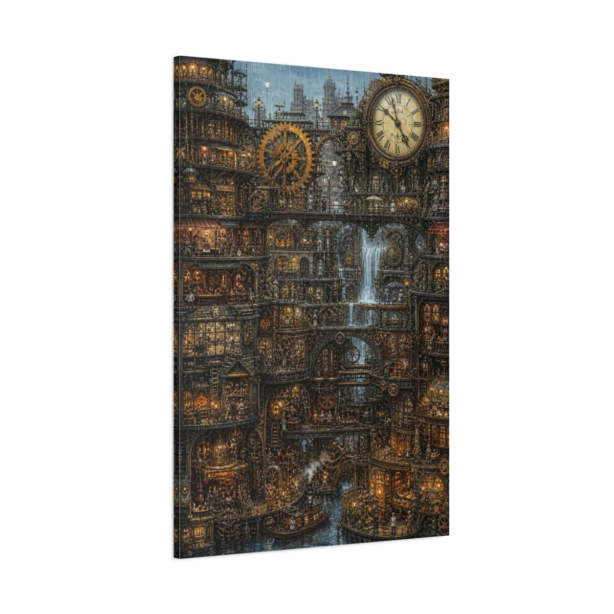 Side Mockup 1. Rainy Clockwork City shown as canvas print