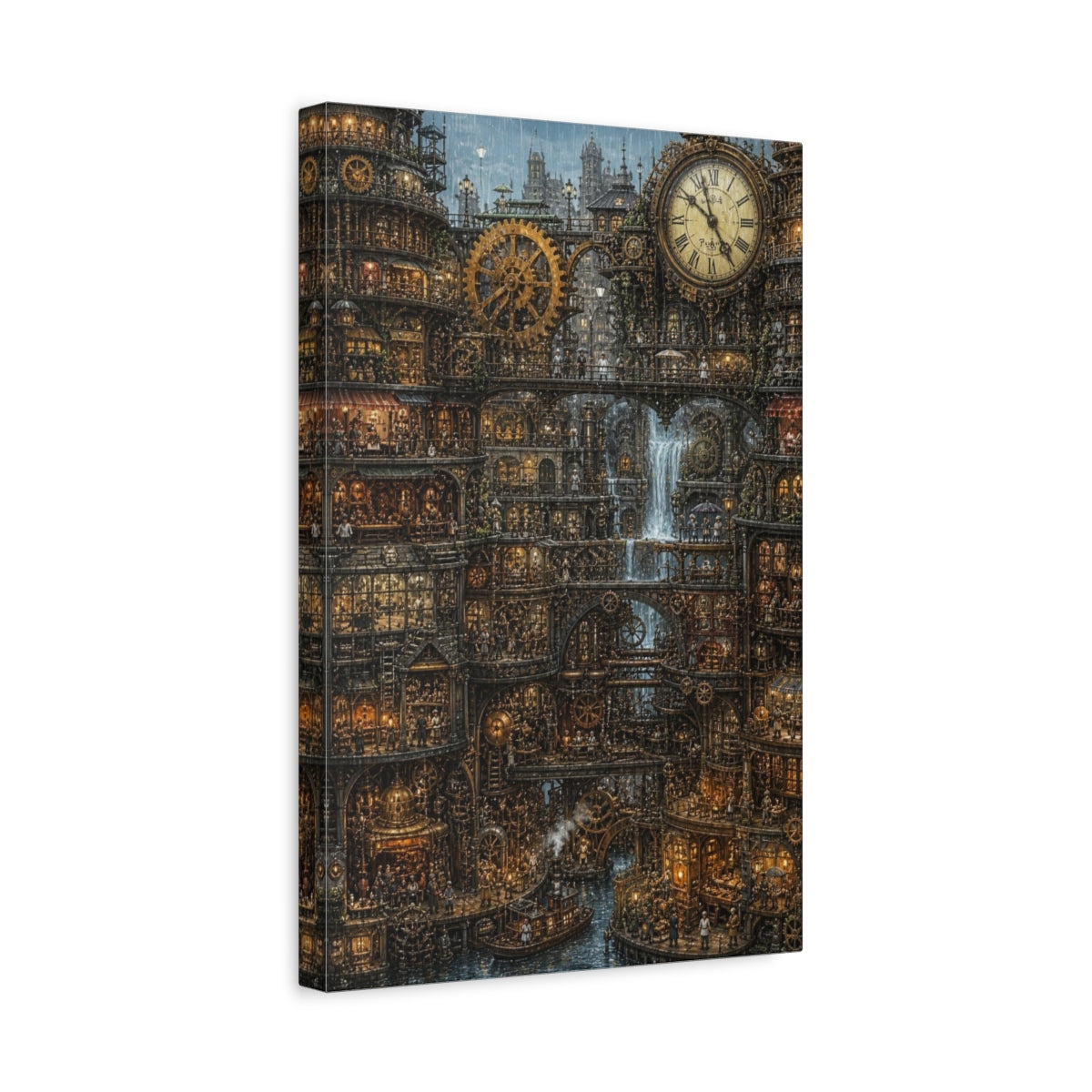 Side Mockup 4. Rainy Clockwork City shown as canvas print
