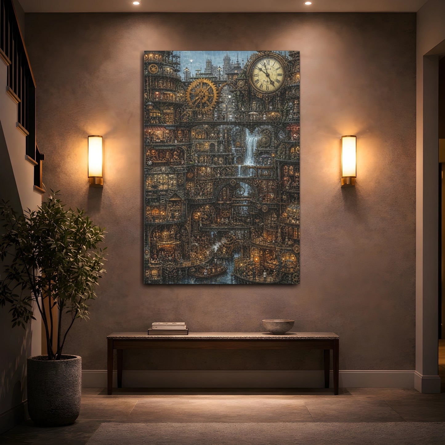 Mockup 2. Rainy Clockwork City shown as canvas print