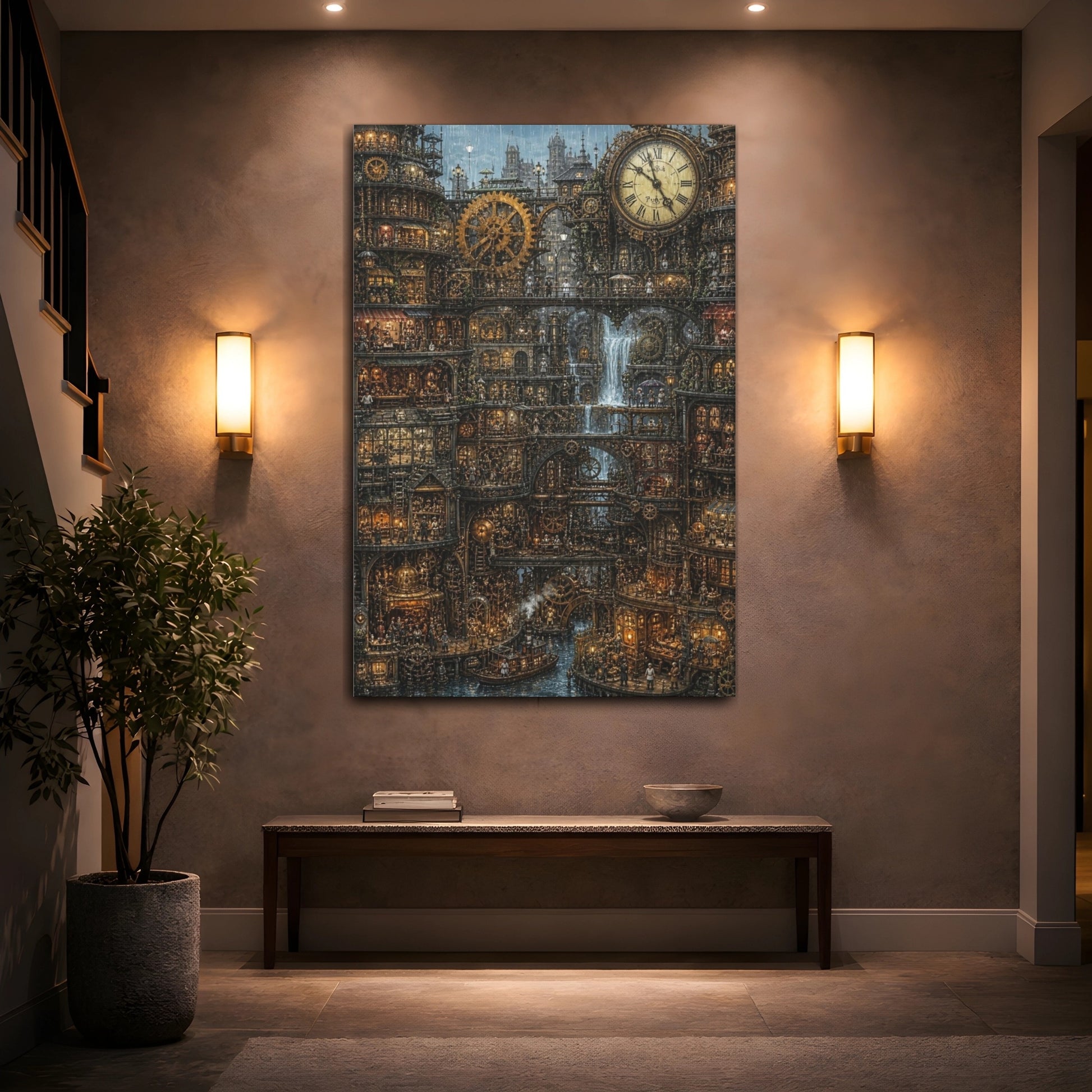 Mockup 2. Rainy Clockwork City shown as canvas print