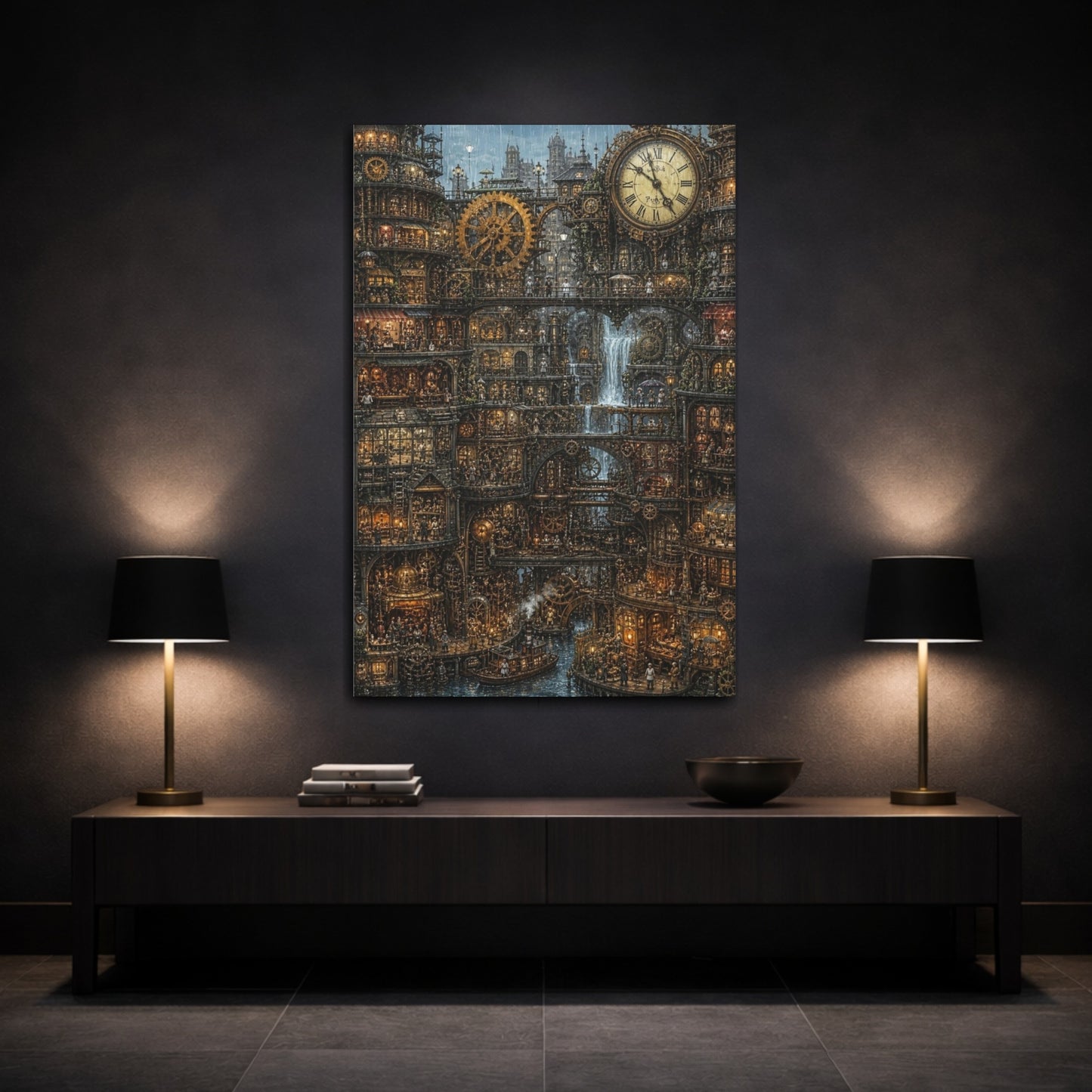 Mockup 3. Rainy Clockwork City shown as canvas print
