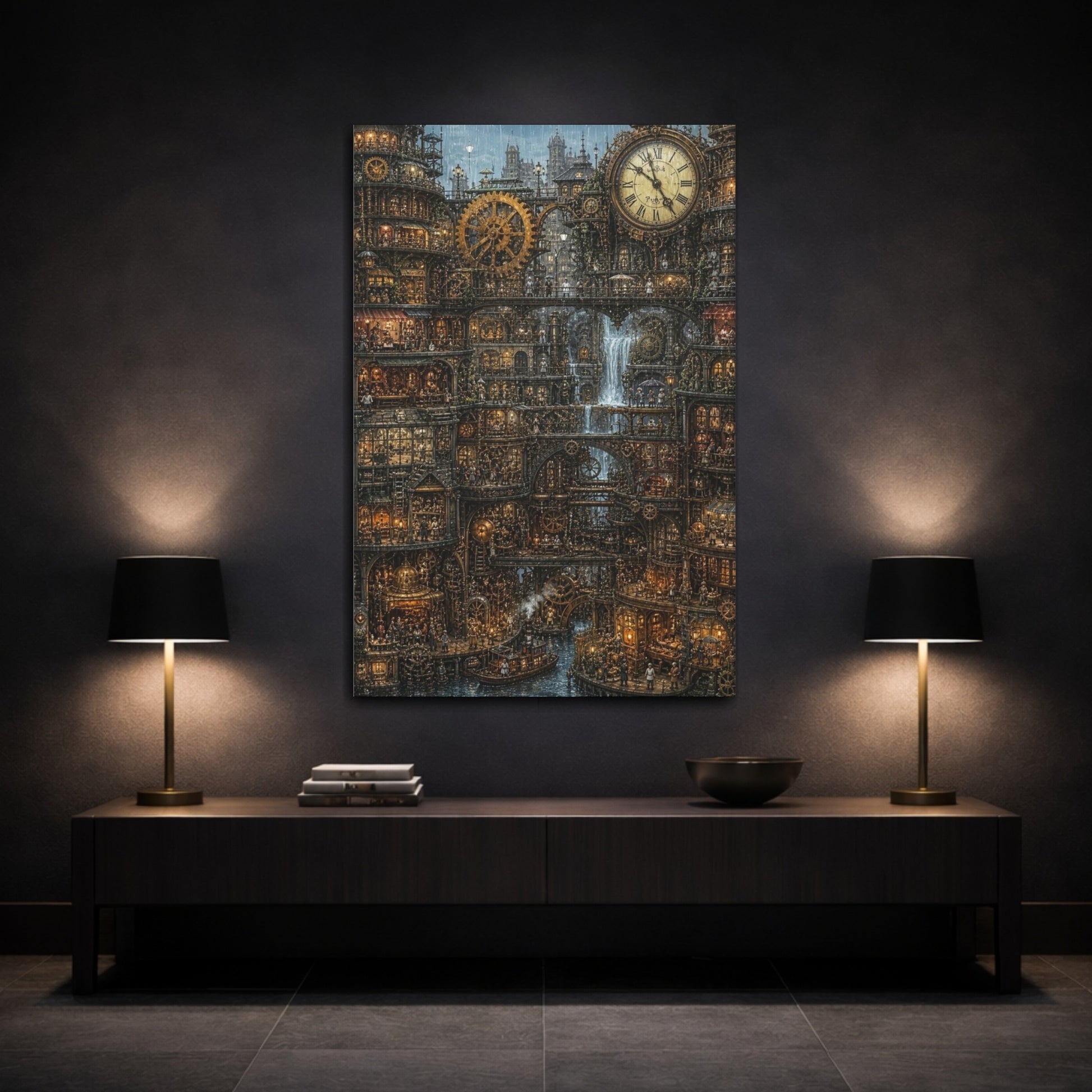 Mockup 3. Rainy Clockwork City shown as canvas print