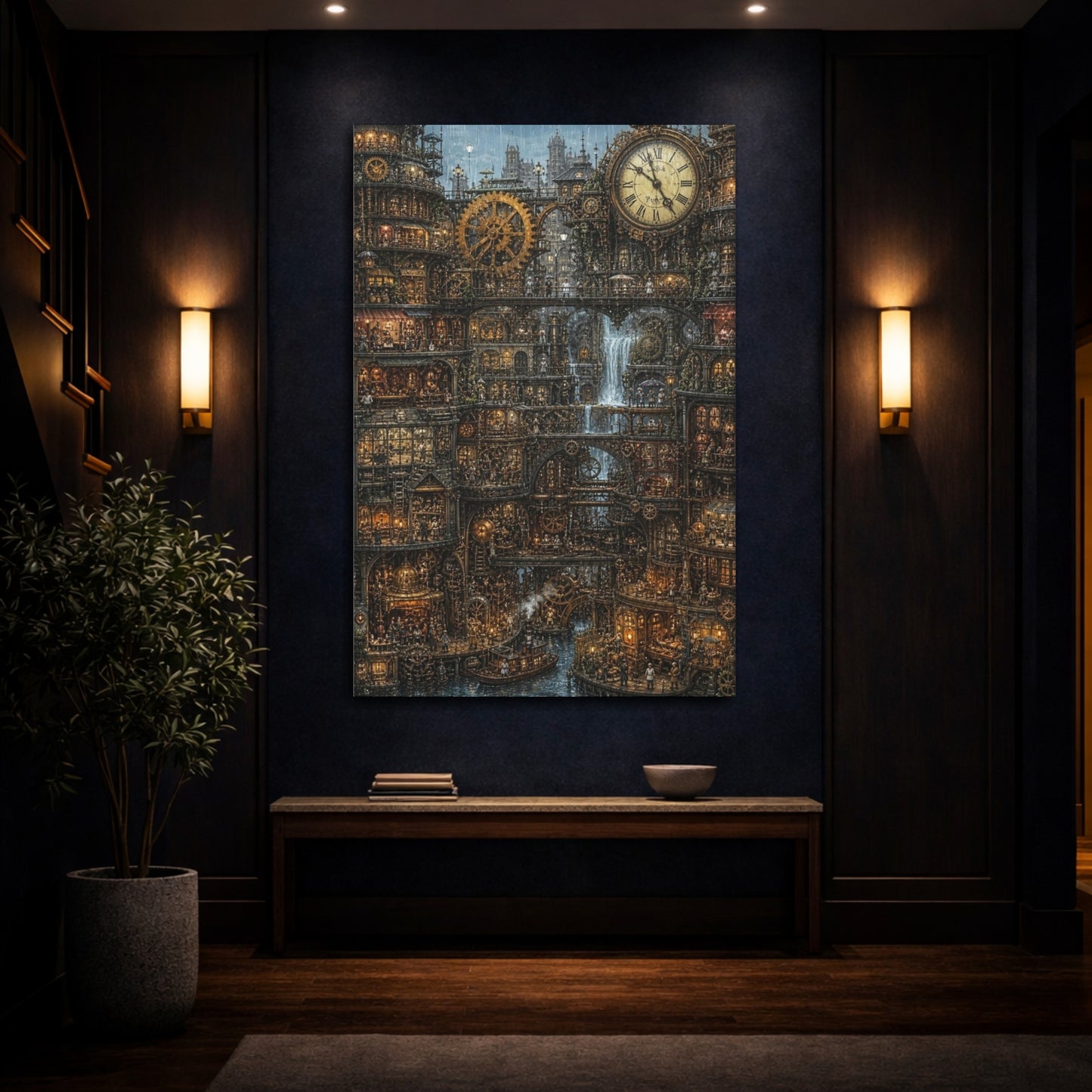 Mockup 4. Rainy Clockwork City shown as canvas print