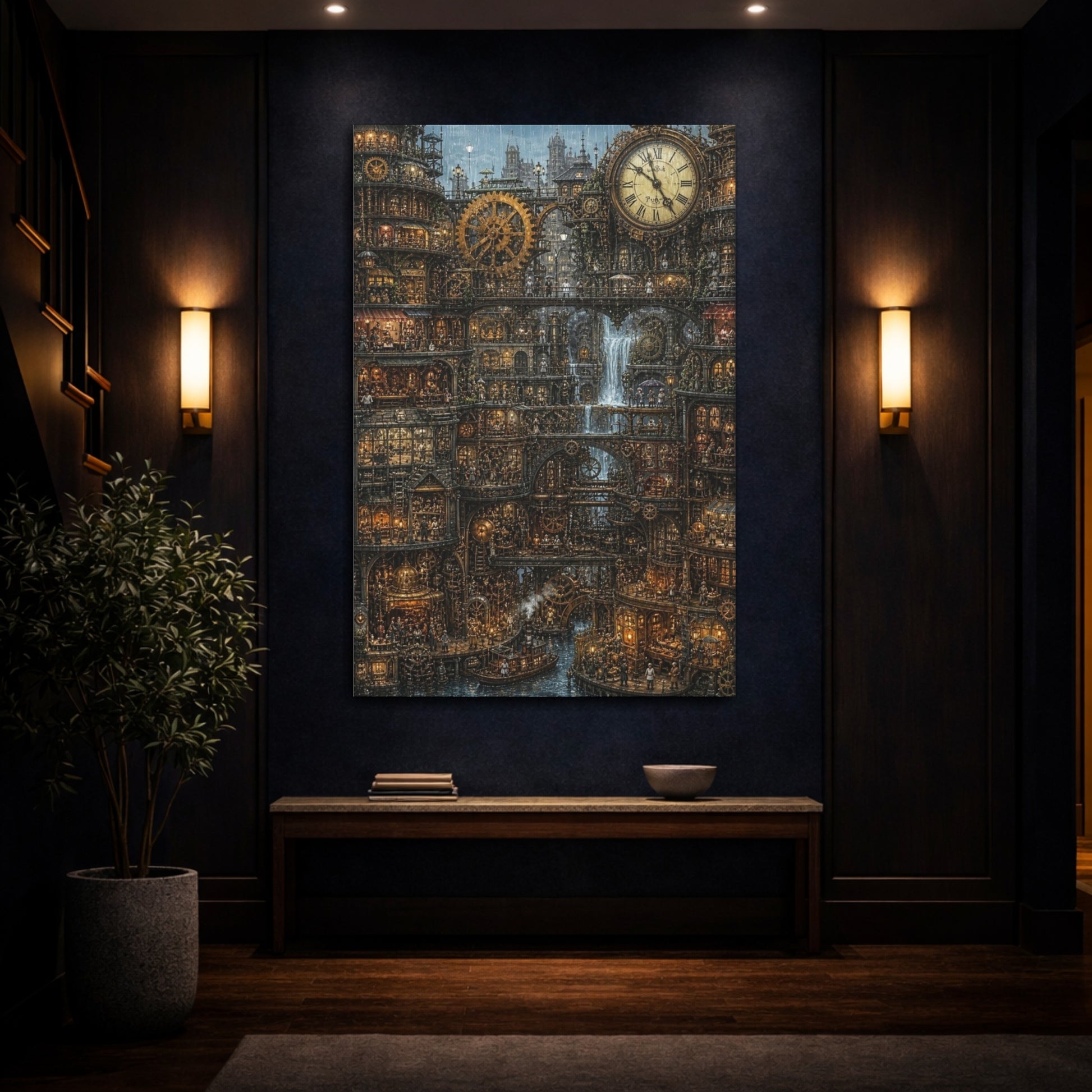 Mockup 4. Rainy Clockwork City shown as canvas print