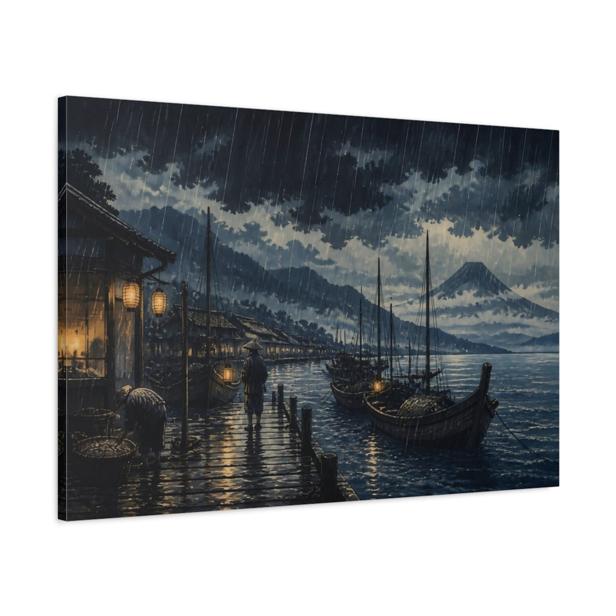 Main Mockup. Rainy Fishing Dock At Night shown as canvas print