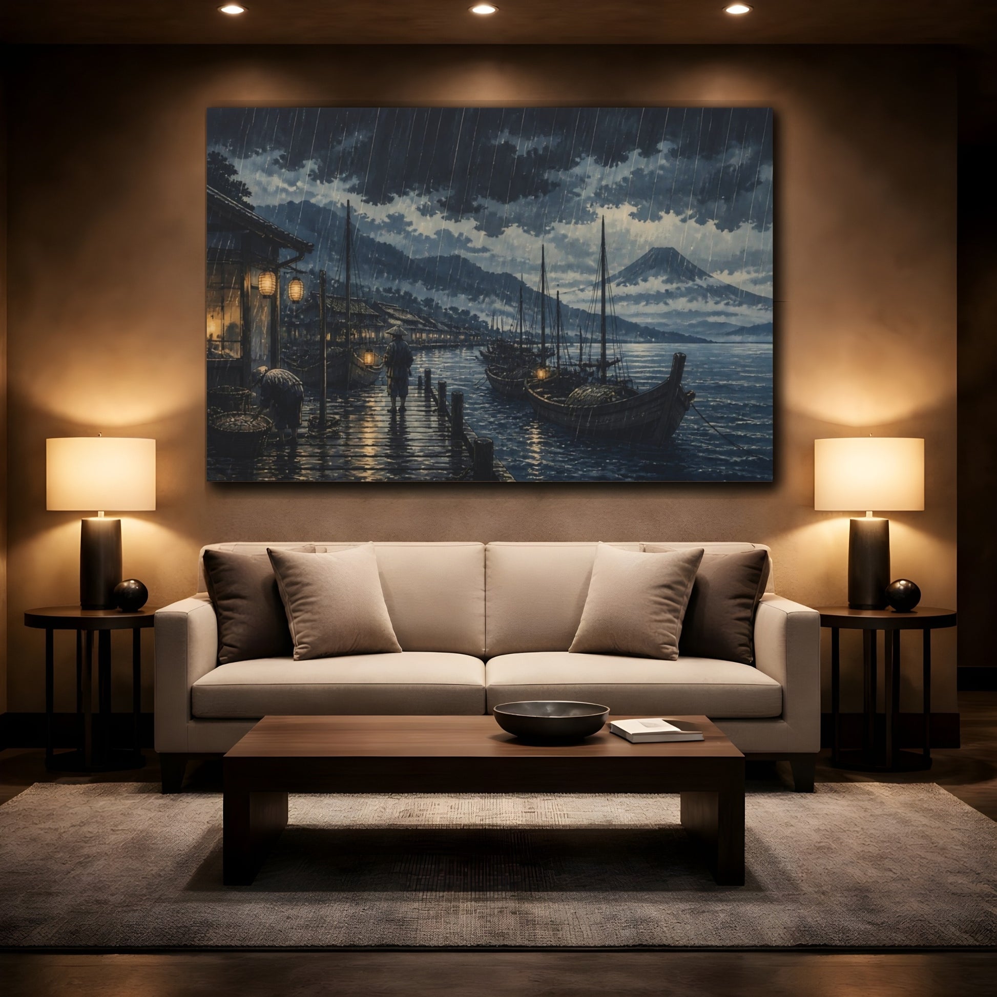 Mockup 2. Rainy Fishing Dock At Night shown as canvas print
