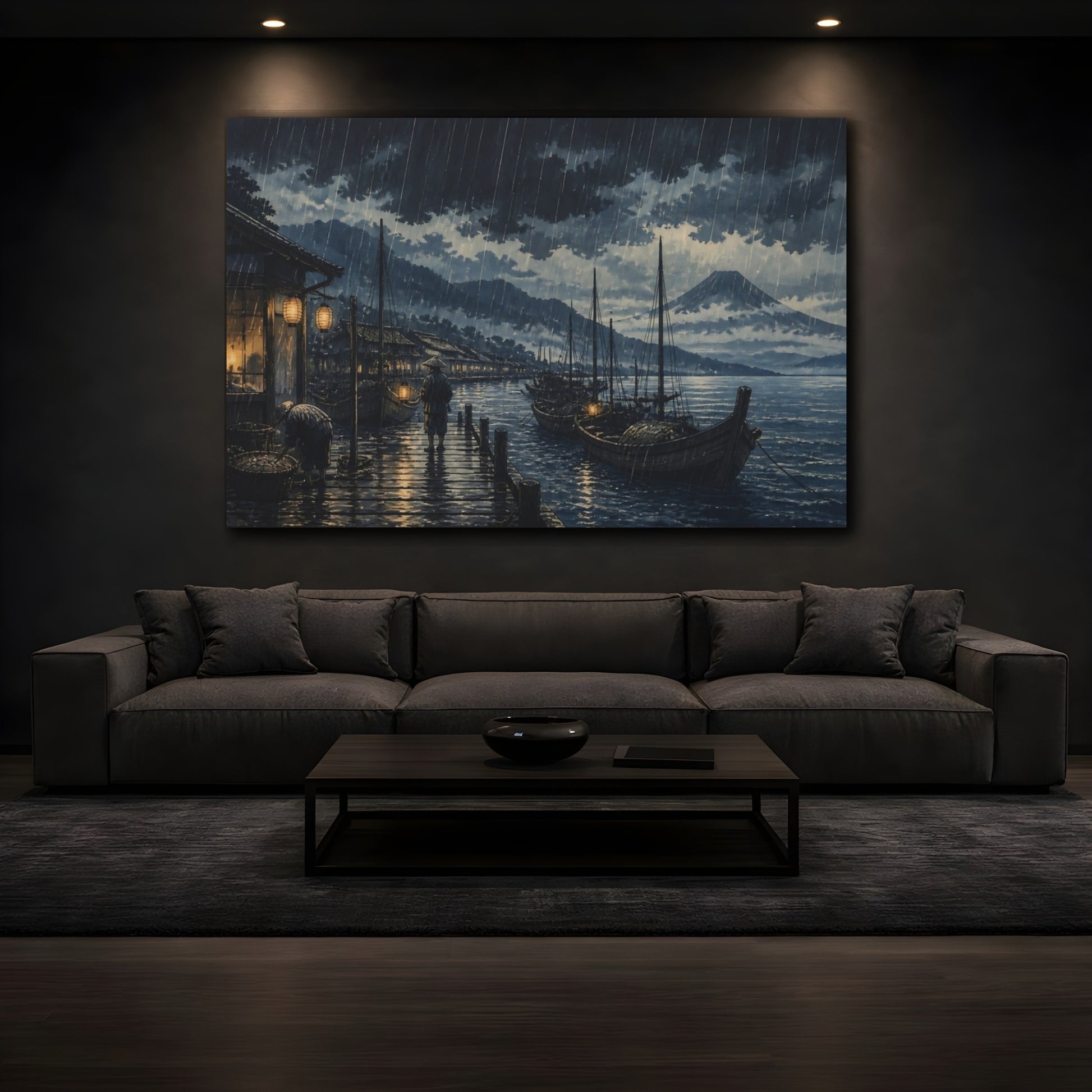 Mockup 3. Rainy Fishing Dock At Night shown as canvas print