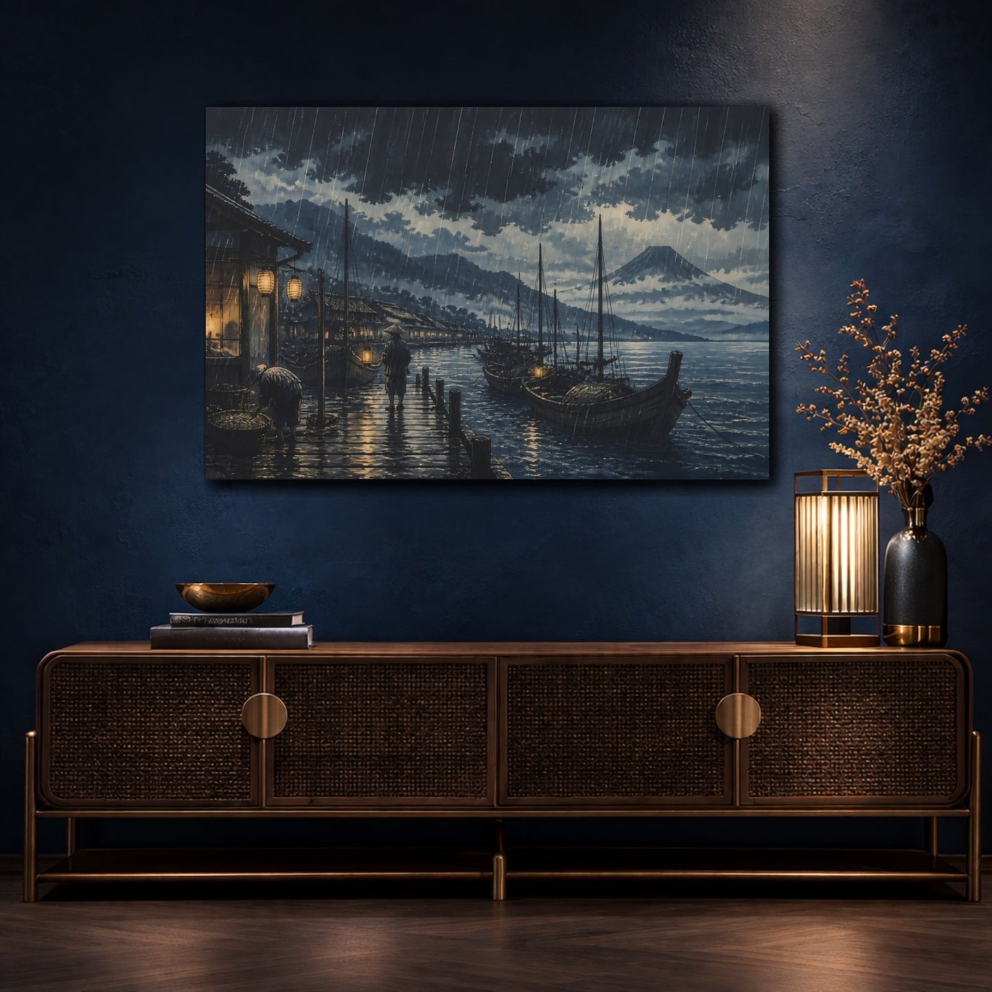 Mockup 4. Rainy Fishing Dock At Night shown as canvas print