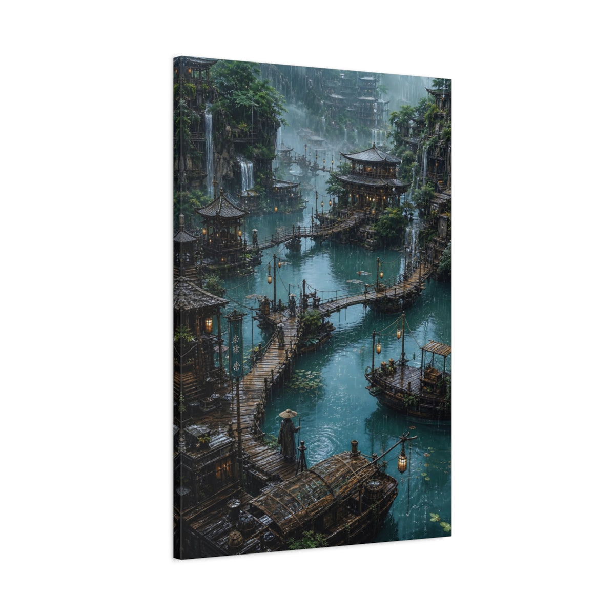 Main Mockup. Rainy Floating Village shown as canvas print