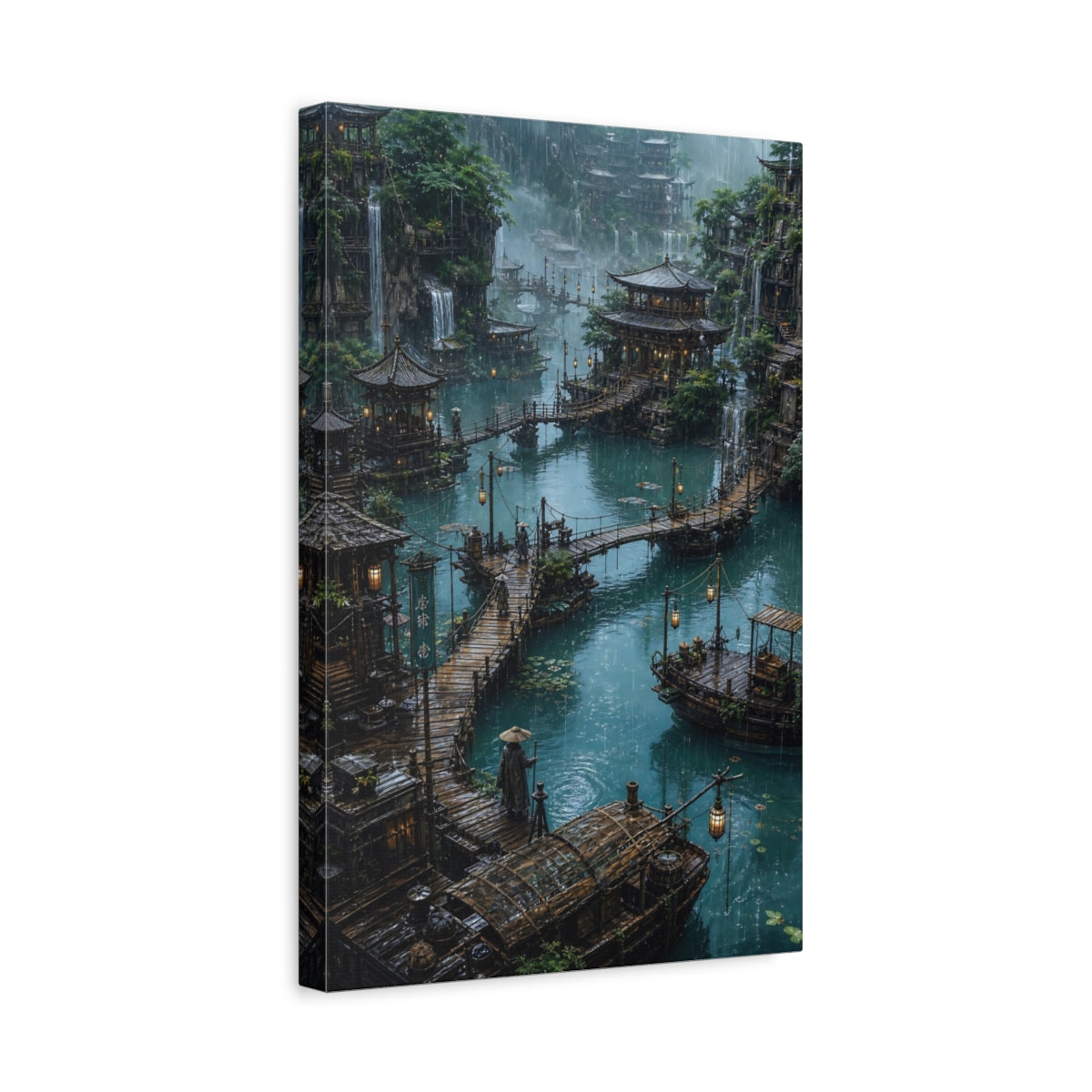Side Mockup 4. Rainy Floating Village shown as canvas print