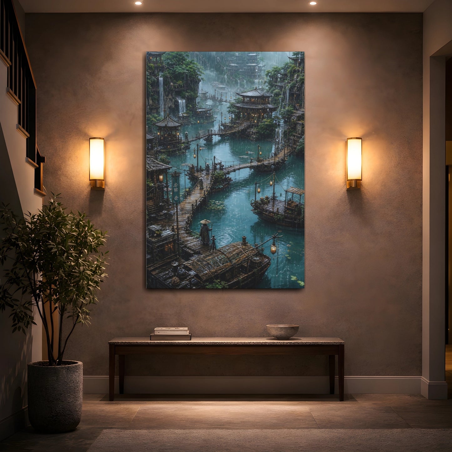 Mockup 2. Rainy Floating Village shown as canvas print
