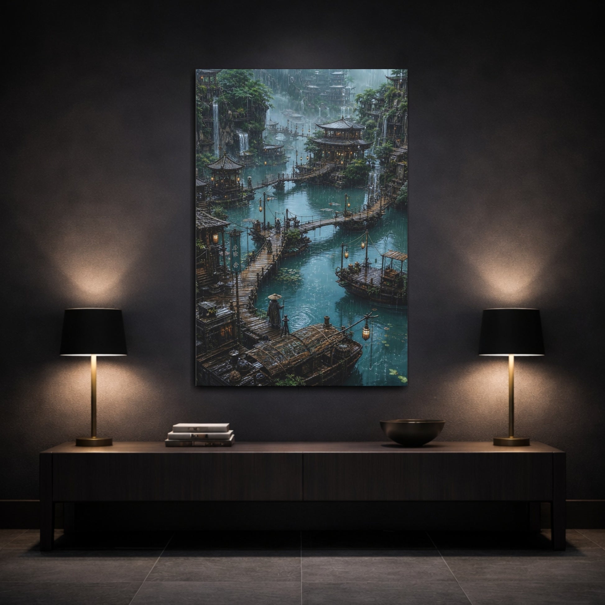 Mockup 3. Rainy Floating Village shown as canvas print