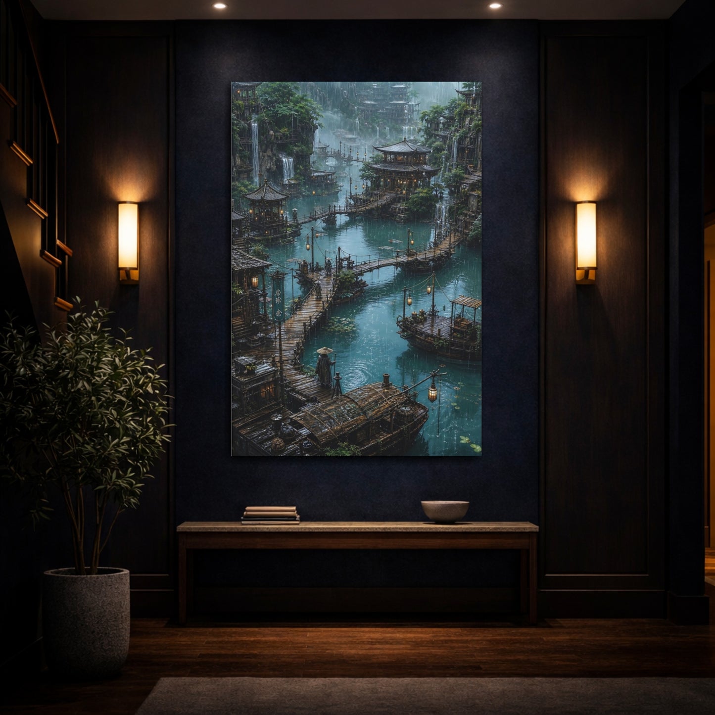 Mockup 4. Rainy Floating Village shown as canvas print